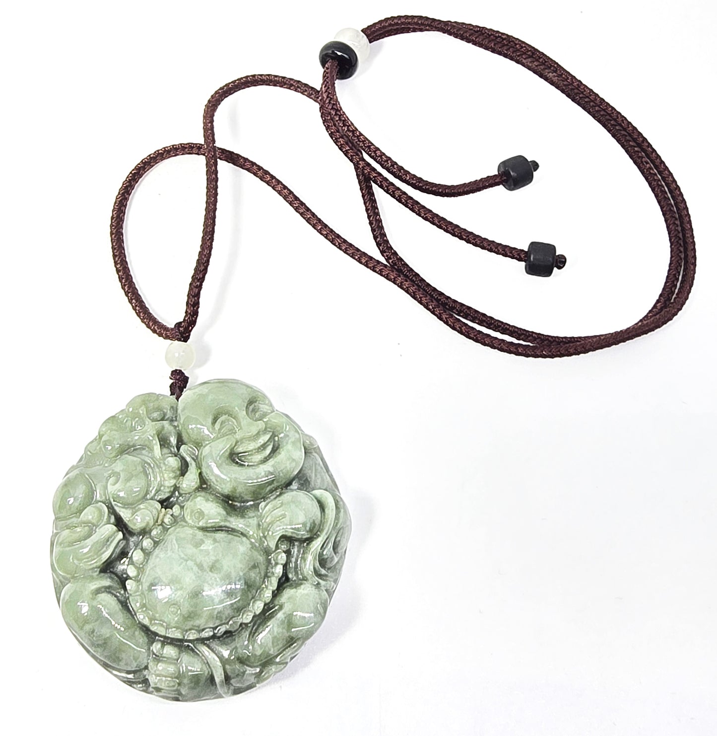 Happy laughing Buddha good fortune green nephrite jade Chinese pendant necklace