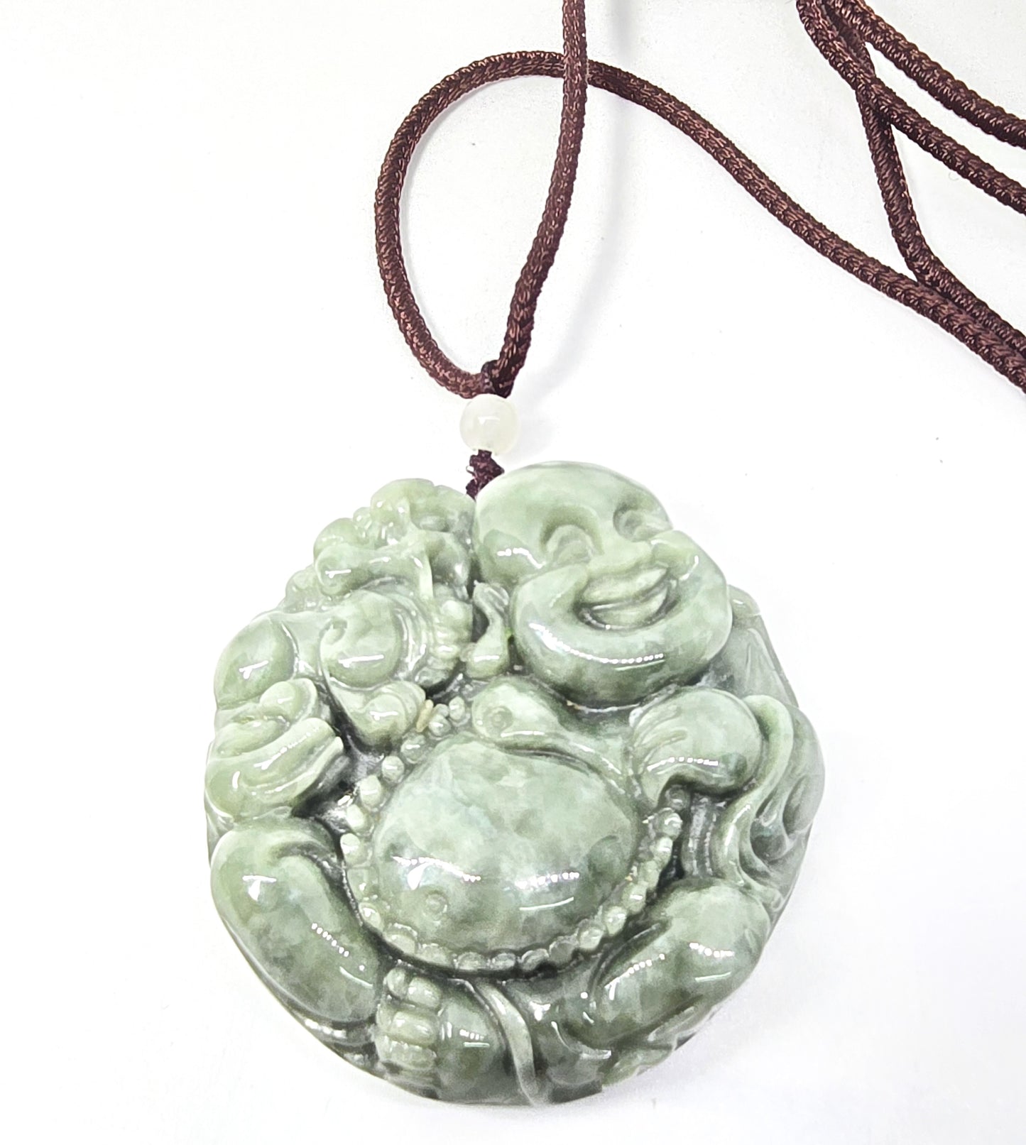 Happy laughing Buddha good fortune green nephrite jade Chinese pendant necklace