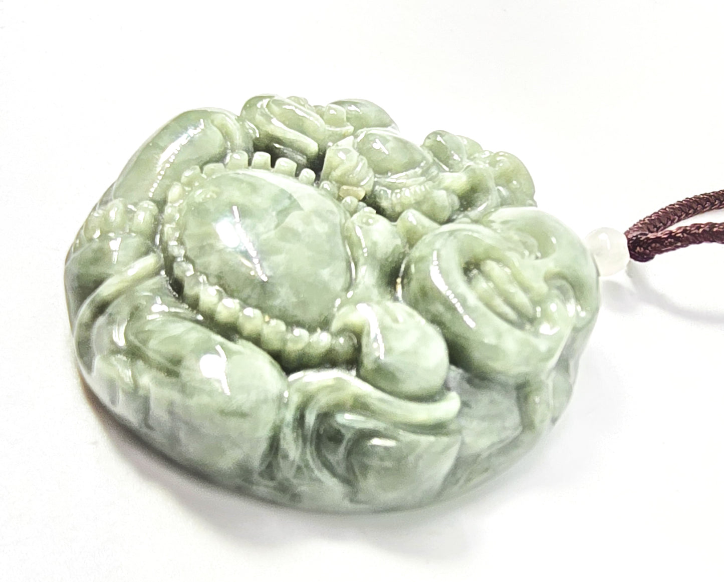 Happy laughing Buddha good fortune green nephrite jade Chinese pendant necklace