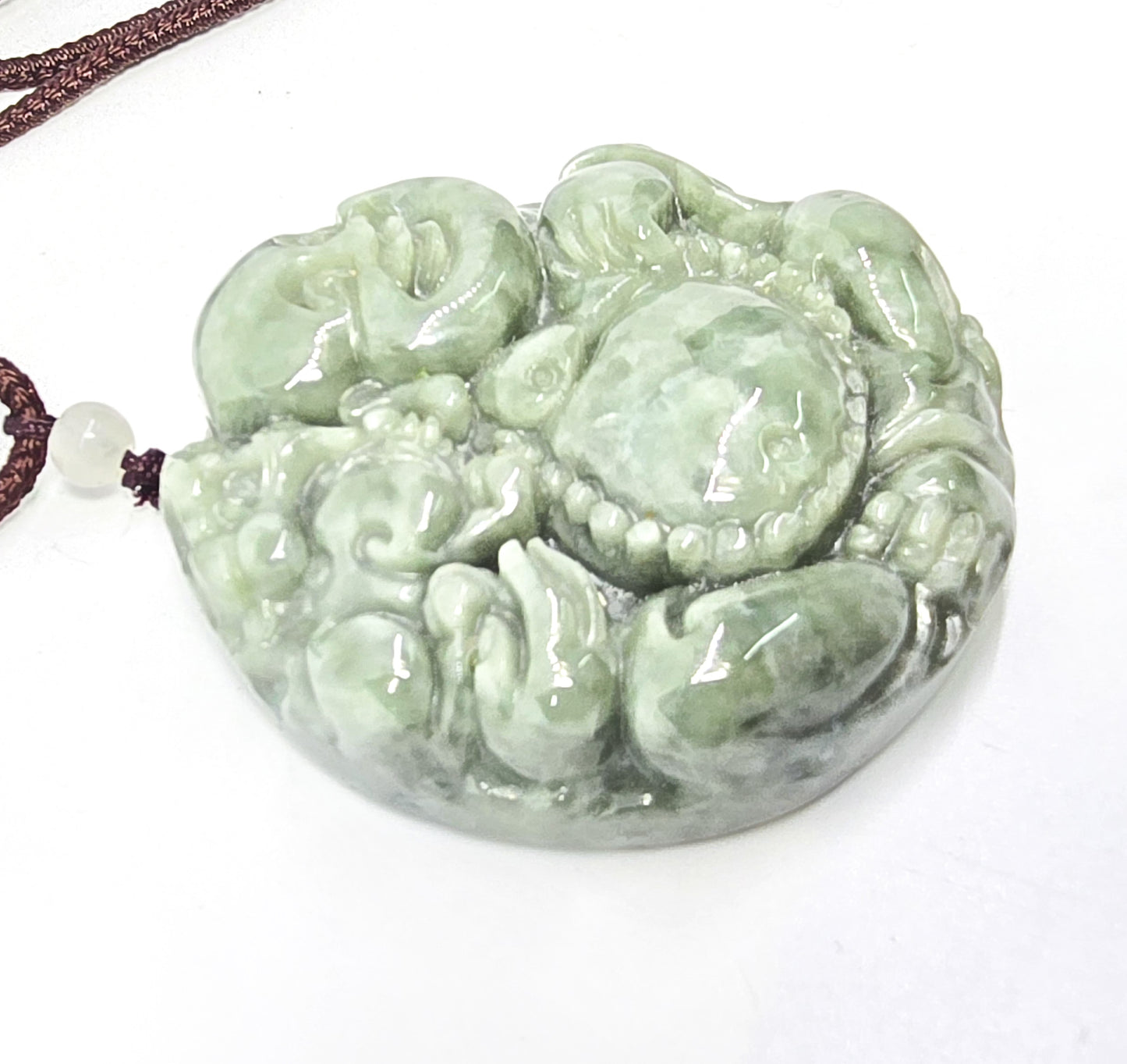 Happy laughing Buddha good fortune green nephrite jade Chinese pendant necklace