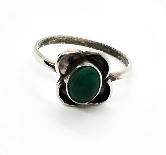 Malachite green banded gemstone vintage sterling silver ring size 5.25