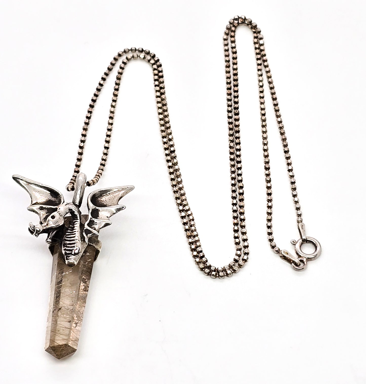 Brazilian Rutilated Quartz Dragon sterling silver mystical vintage pendant necklace