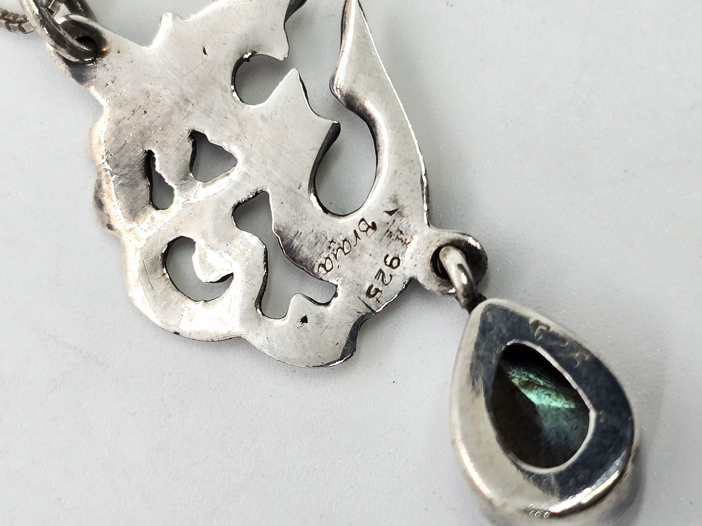 Braja Om shanti labradorite drop signed sterling silver yoga pendant necklace