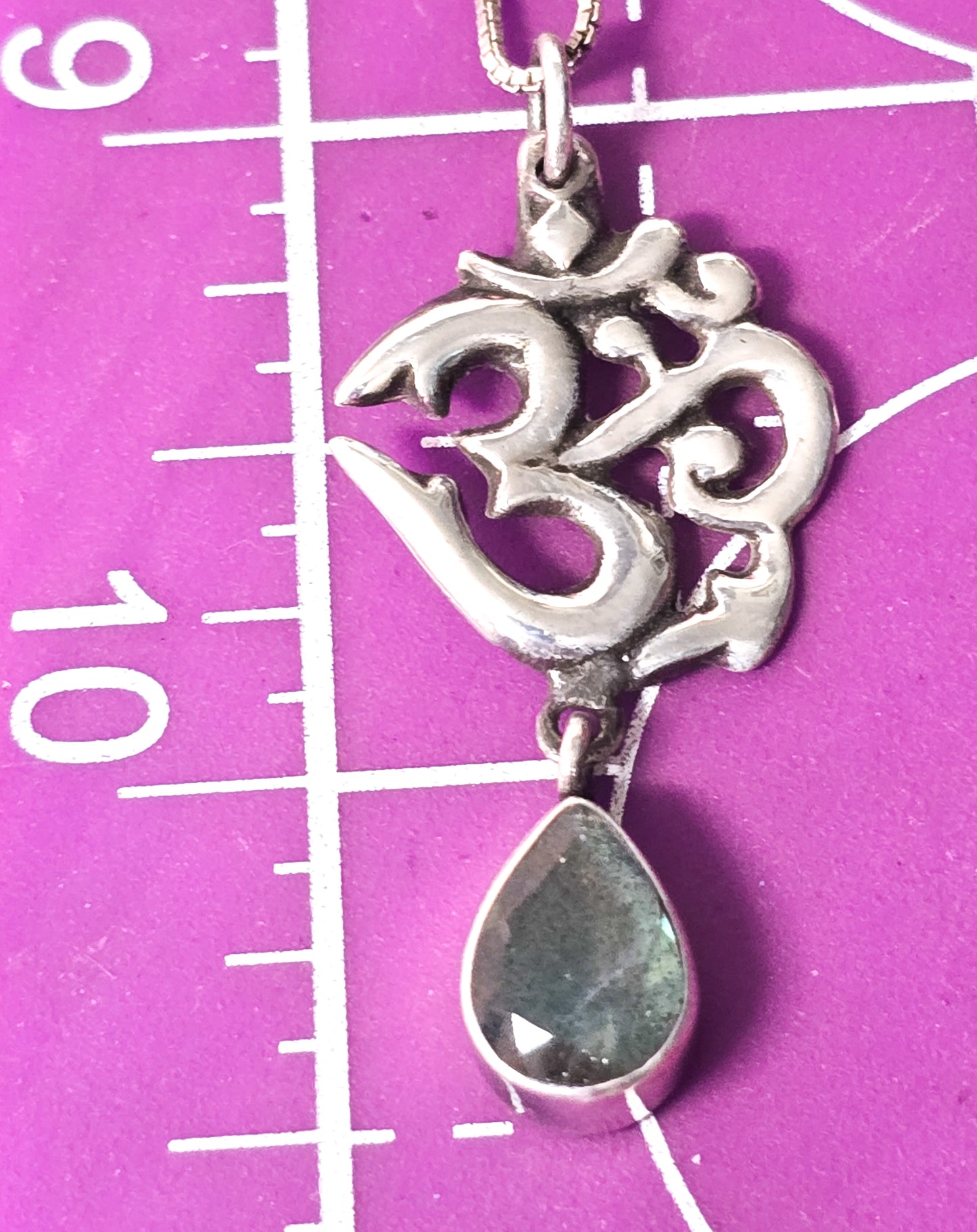 Braja Om shanti labradorite drop signed sterling silver yoga pendant necklace