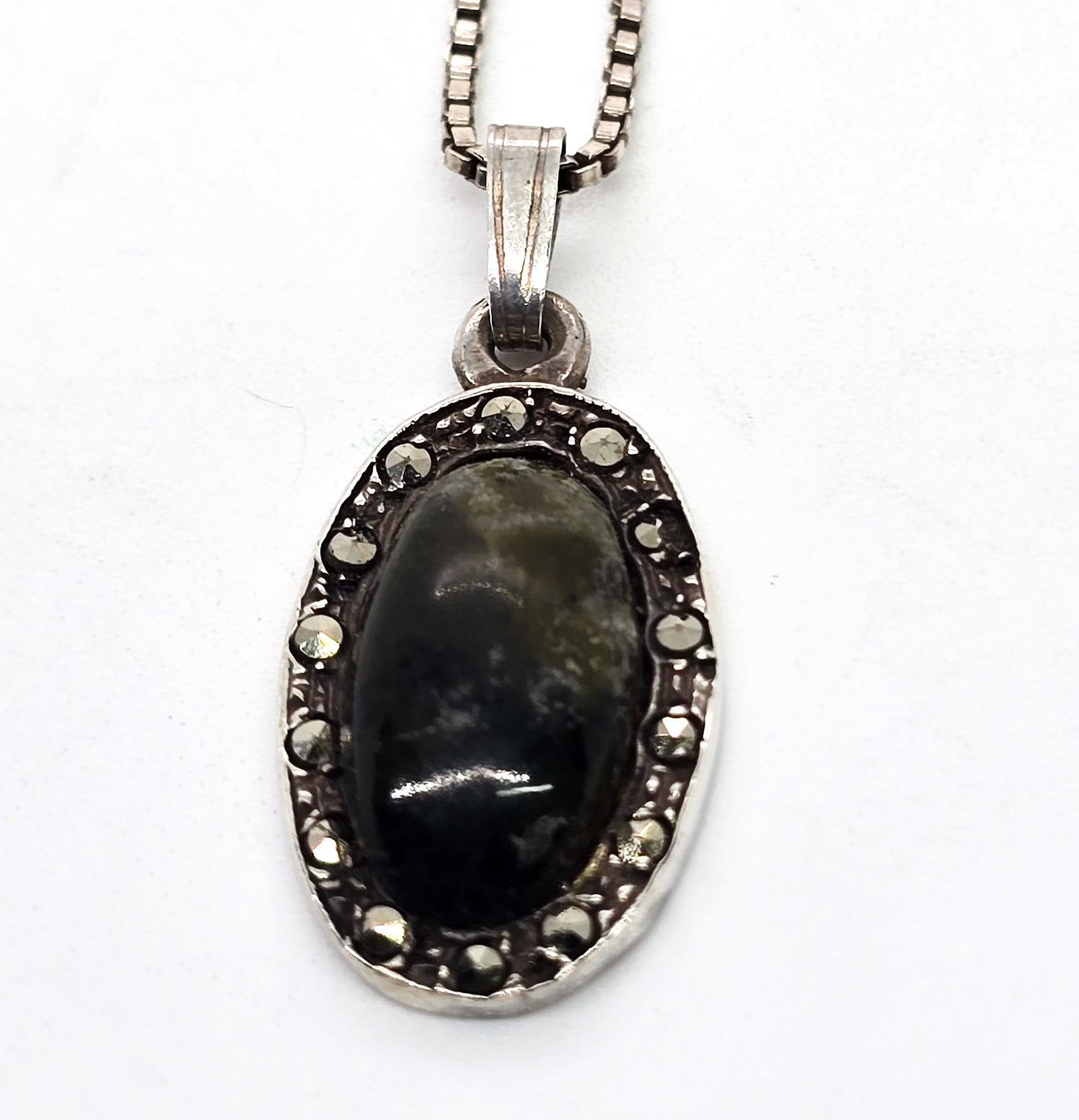 Connemara marble Blarney stone marcasite signed sterling silver Irish petite necklace