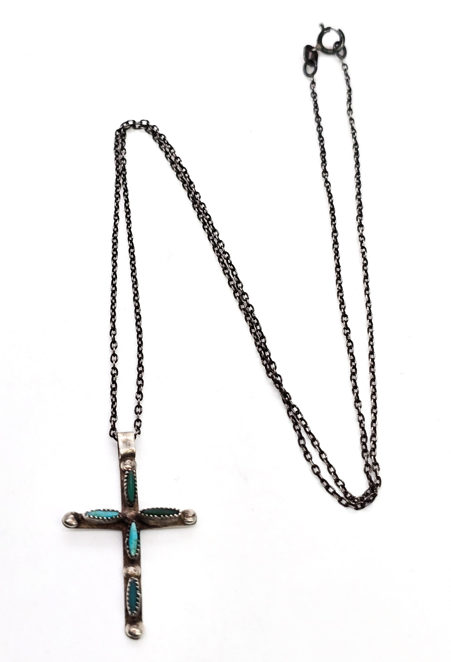 Native American Zuni petite point small sterling silver vintage handcrafted cross necklace
