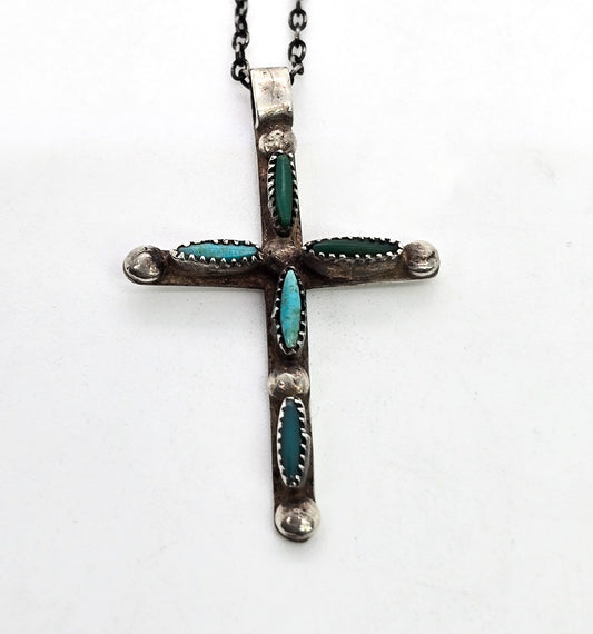 Native American Zuni petite point small sterling silver vintage handcrafted cross necklace
