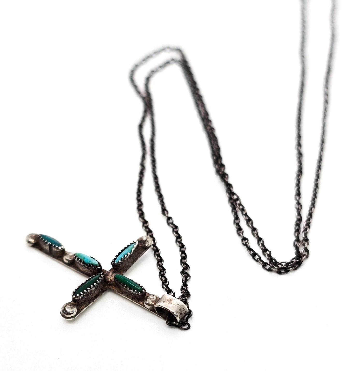 Native American Zuni petite point small sterling silver vintage handcrafted cross necklace