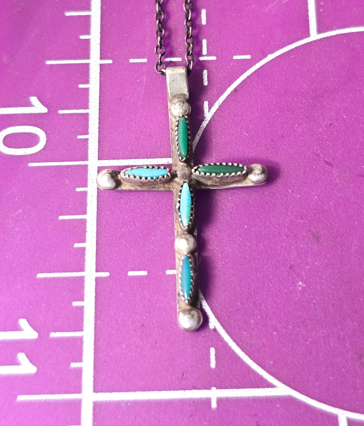 Native American Zuni petite point small sterling silver vintage handcrafted cross necklace