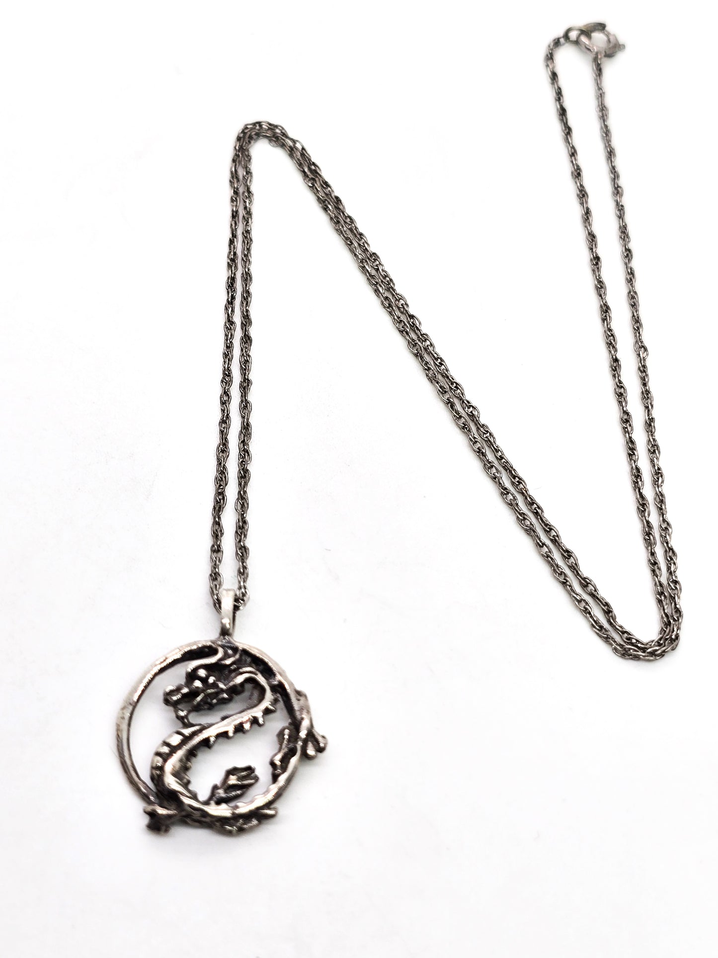 Chinese Dragon circle Sterling silver vintage pendant necklace