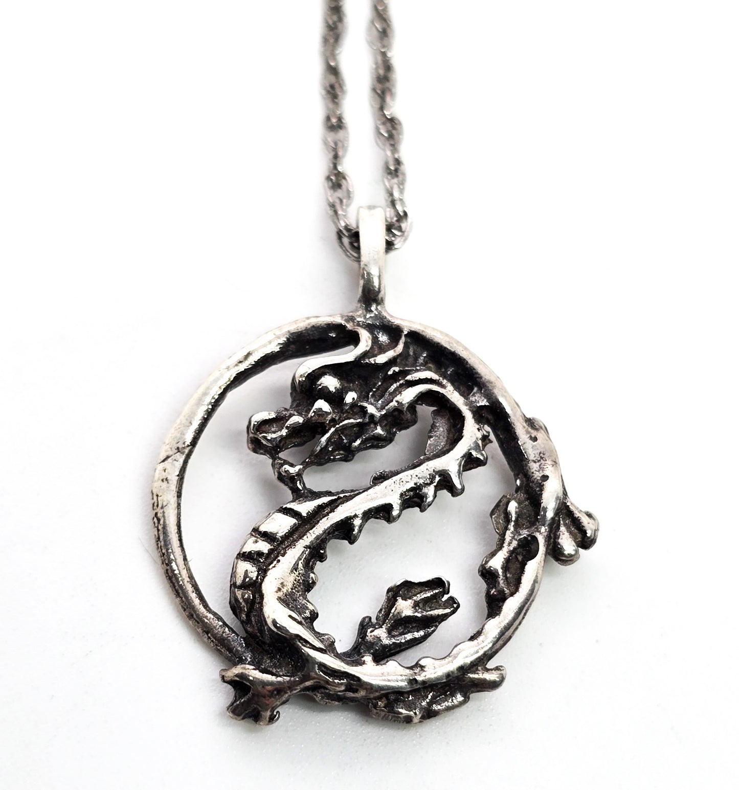 Chinese Dragon circle Sterling silver vintage pendant necklace