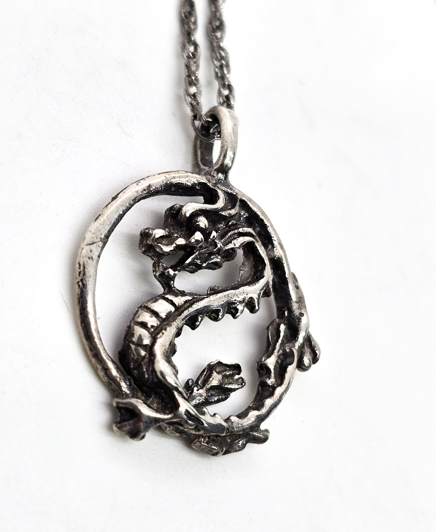 Chinese Dragon circle Sterling silver vintage pendant necklace