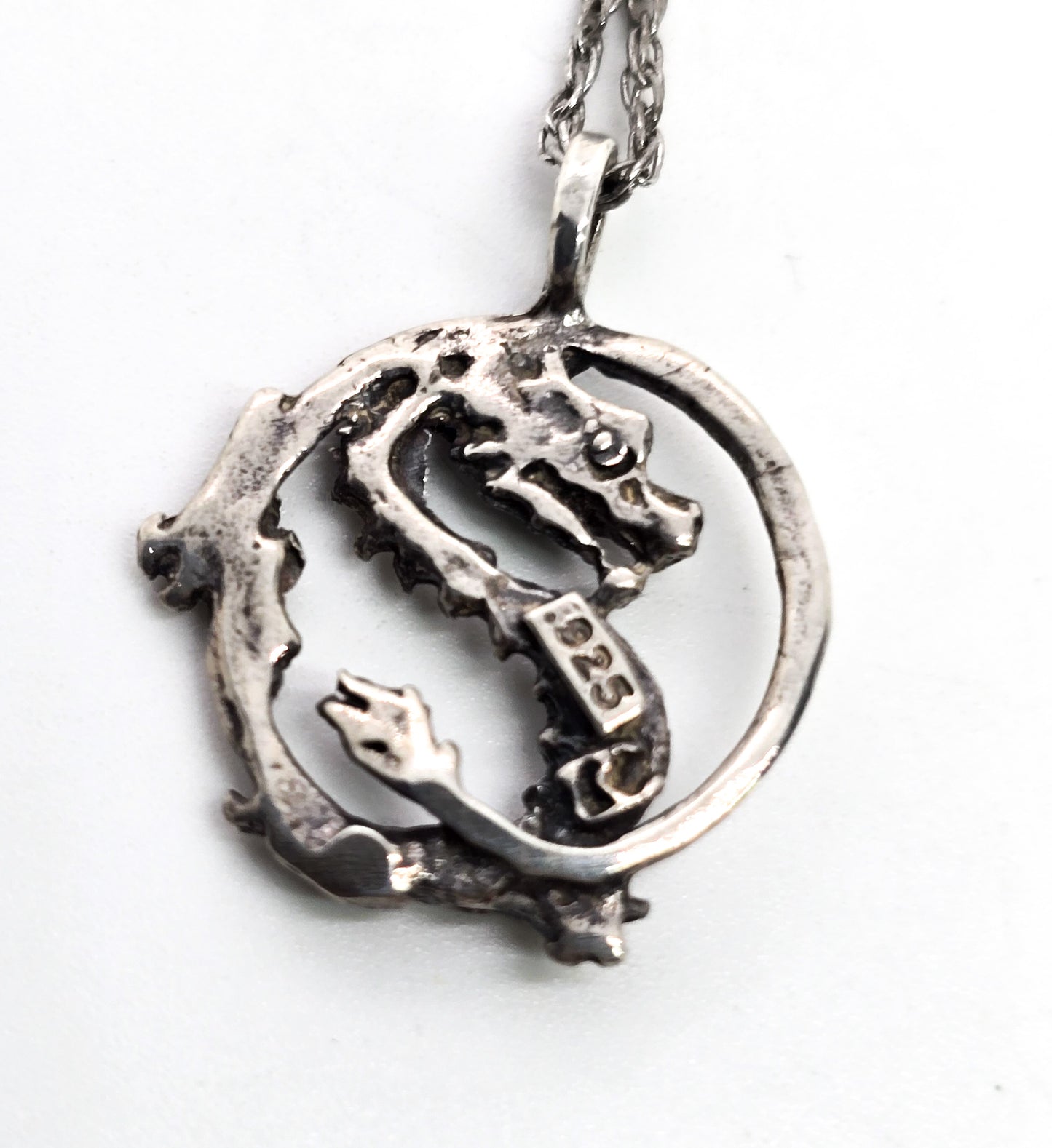 Chinese Dragon circle Sterling silver vintage pendant necklace