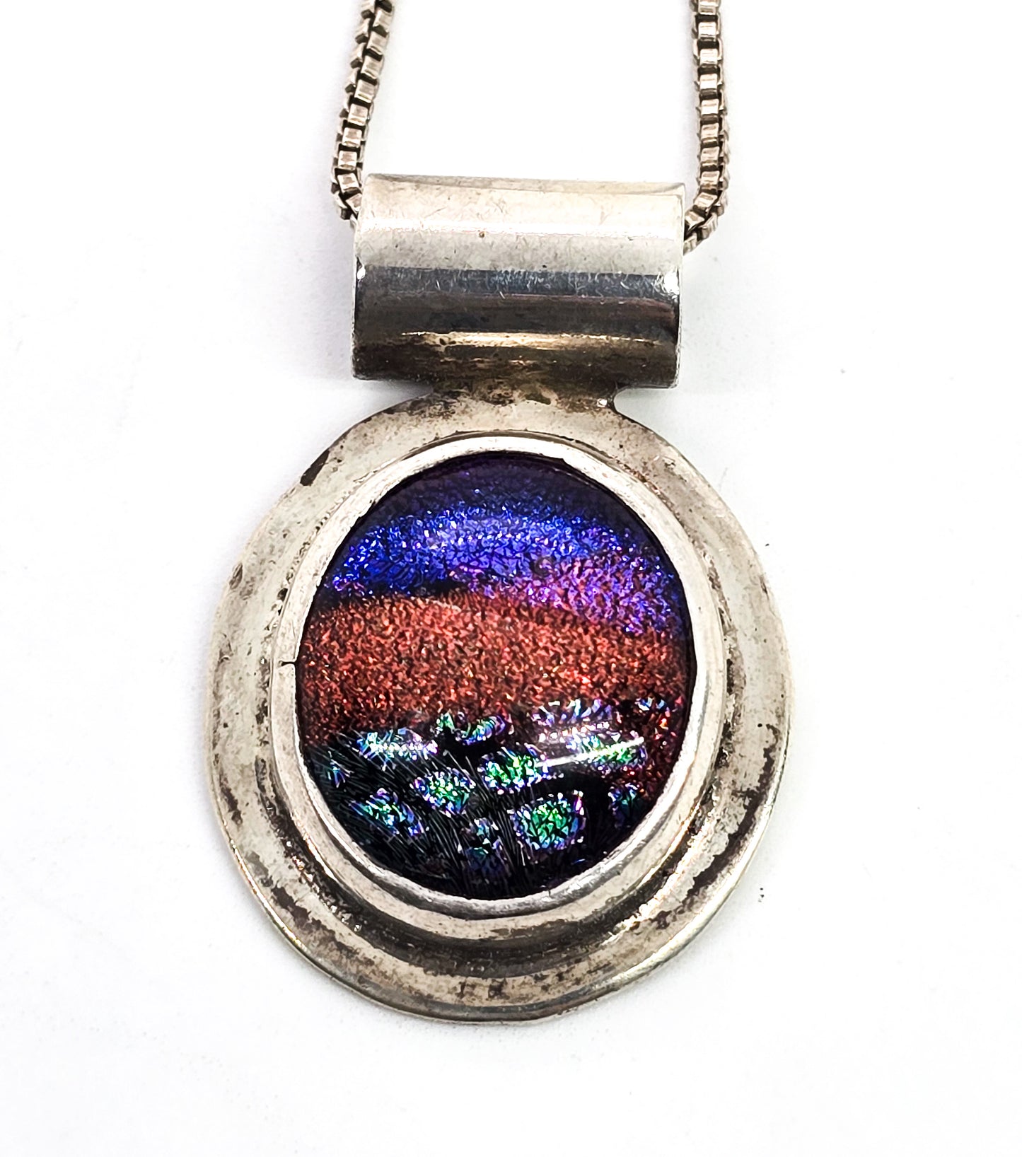 Dichroic glass fused handcrafted rainbow sterling silver vintage necklace