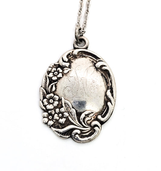 Lunt Antique Art Nouveau Sterling Silver Floral Filigree Engraved H pendant necklace