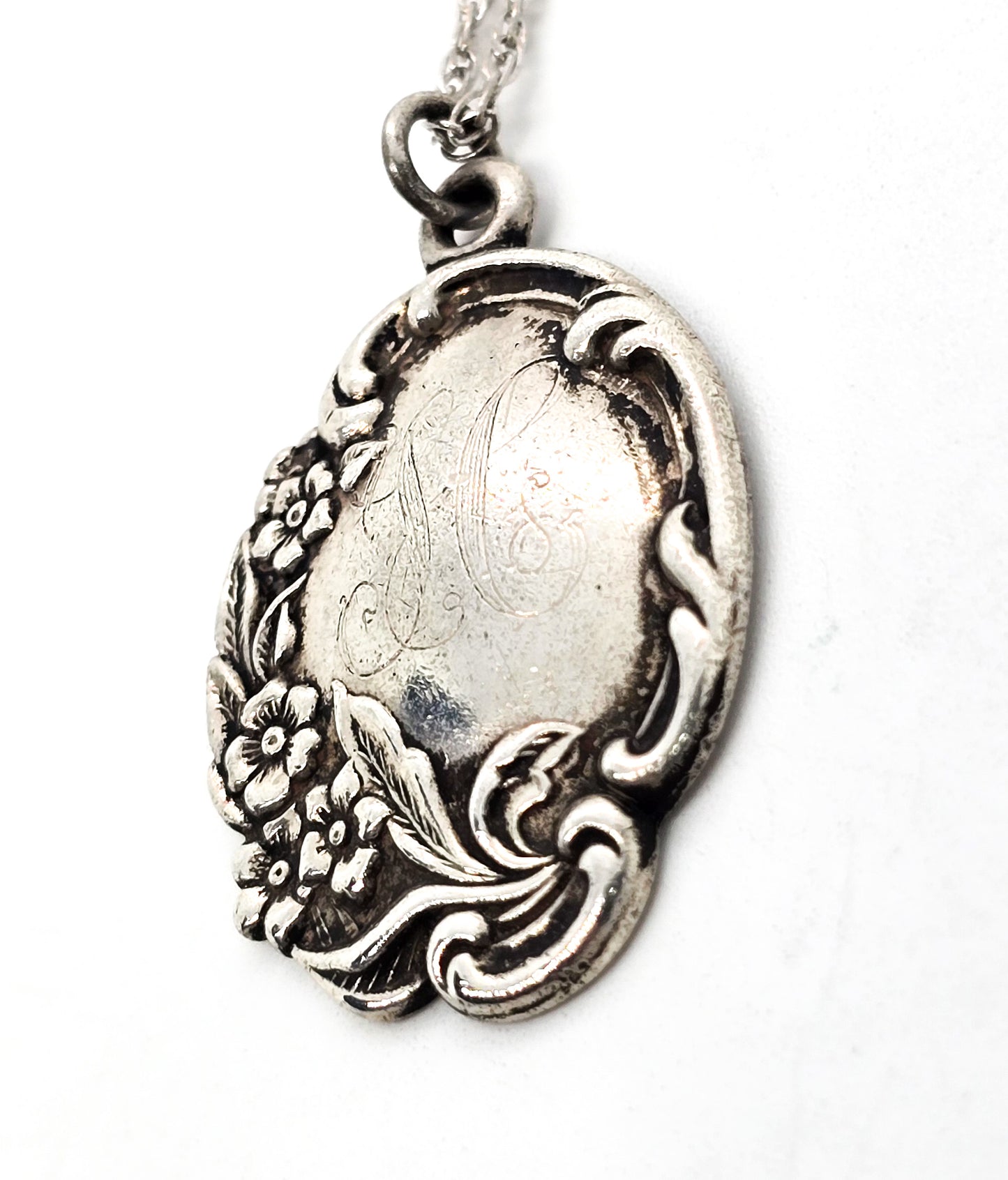 Lunt Antique Art Nouveau Sterling Silver Floral Filigree Engraved H pendant necklace