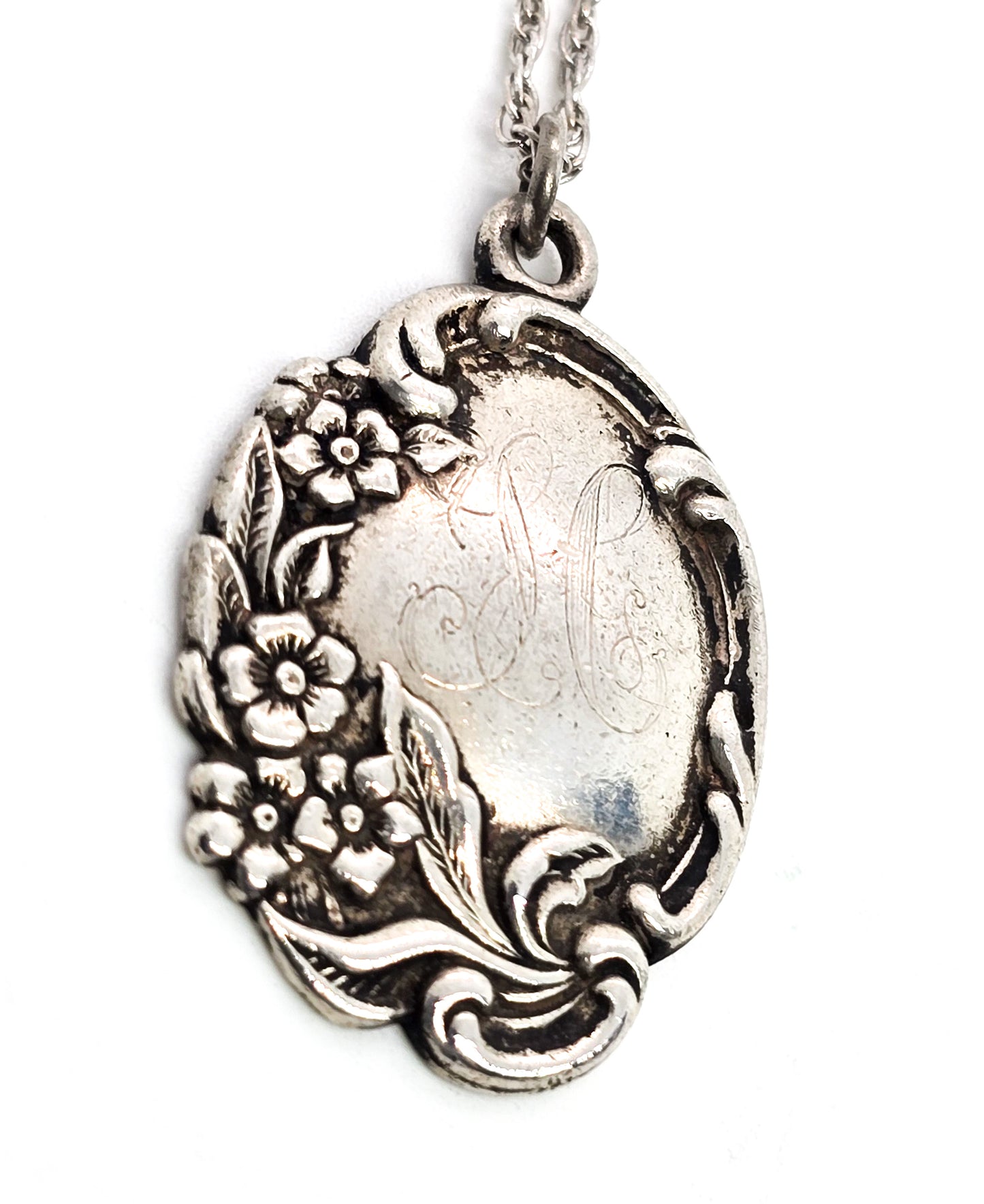 Lunt Antique Art Nouveau Sterling Silver Floral Filigree Engraved H pendant necklace