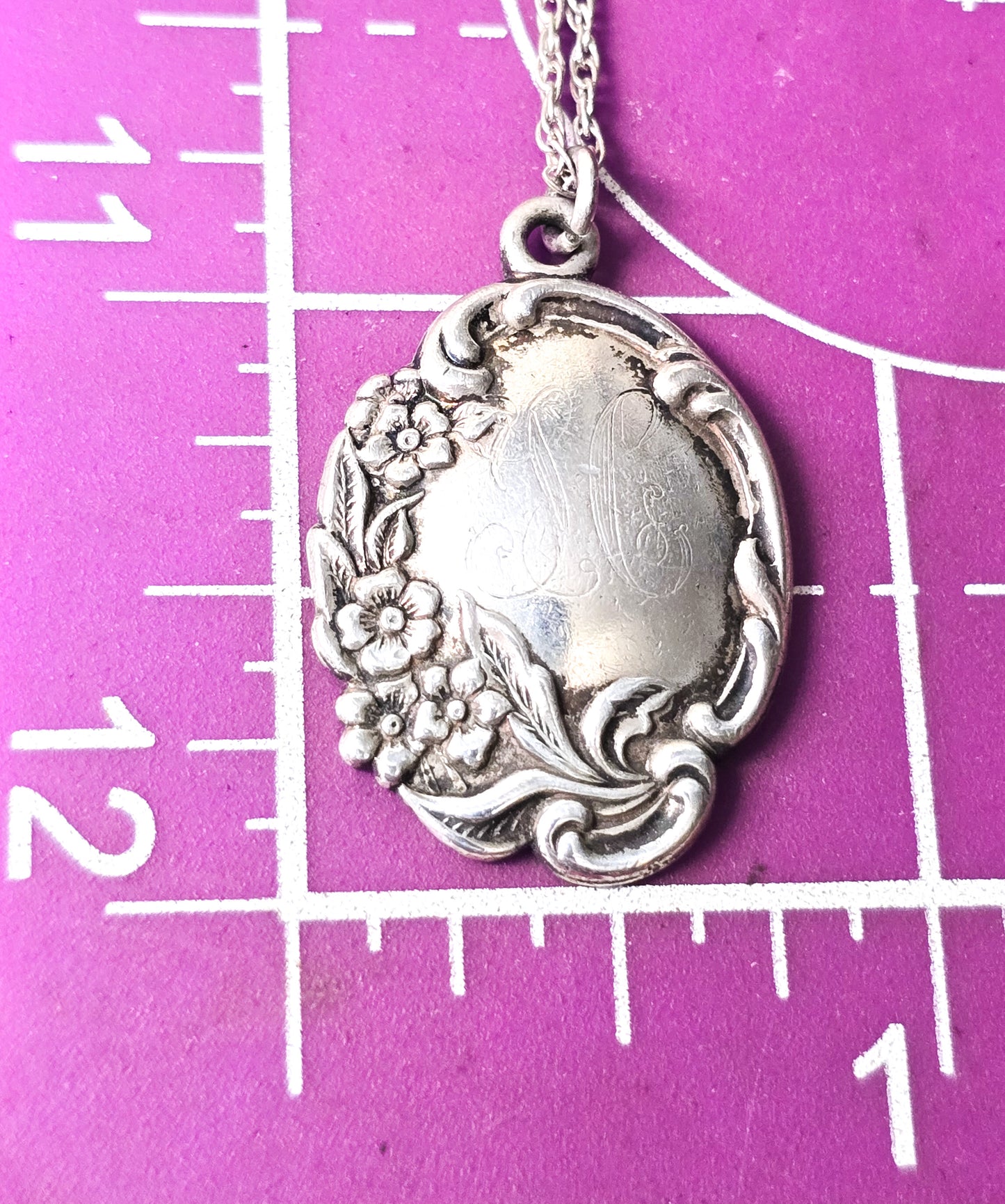 Lunt Antique Art Nouveau Sterling Silver Floral Filigree Engraved H pendant necklace