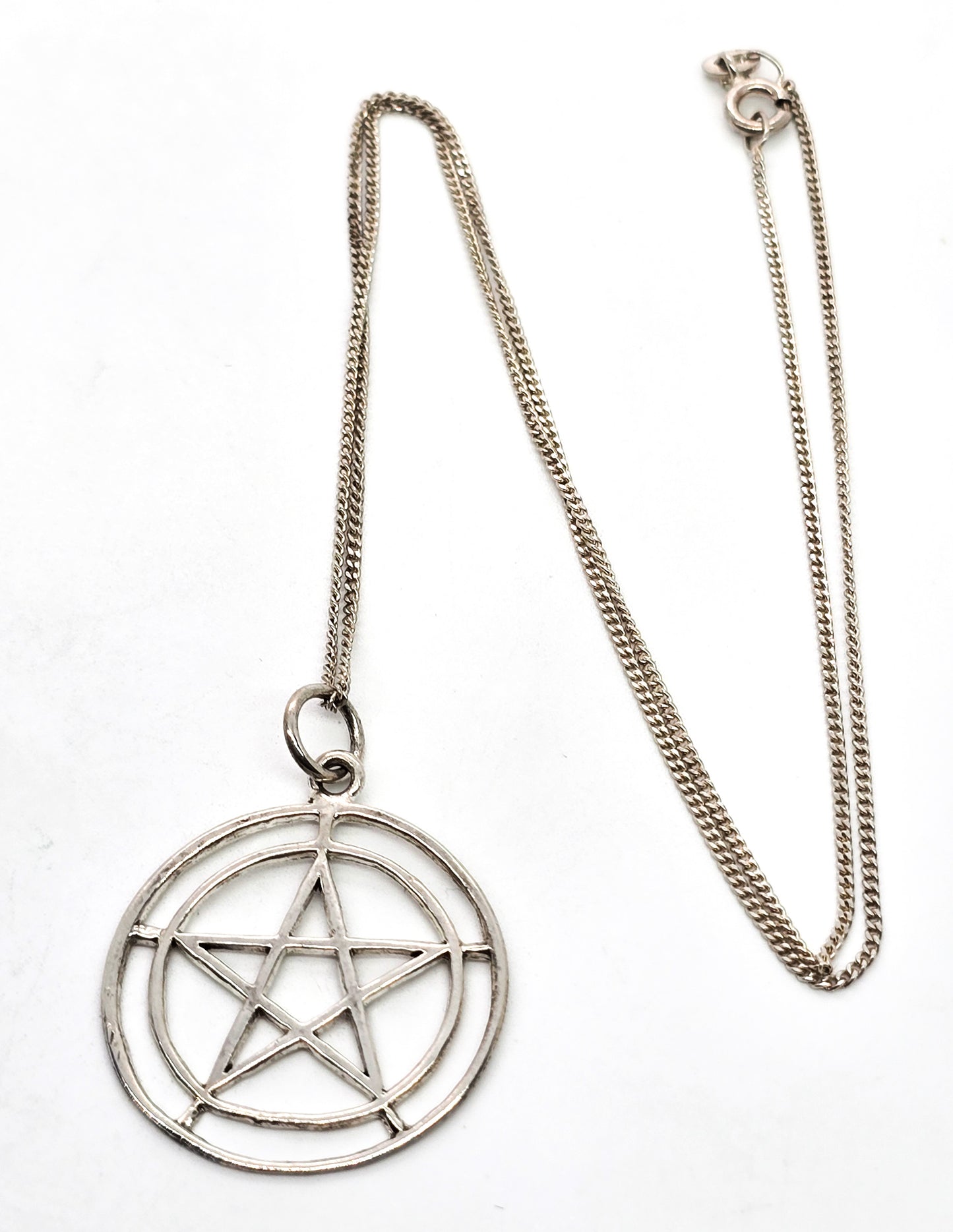 Pentacle star large double circle sterling silver vintage pendant necklace