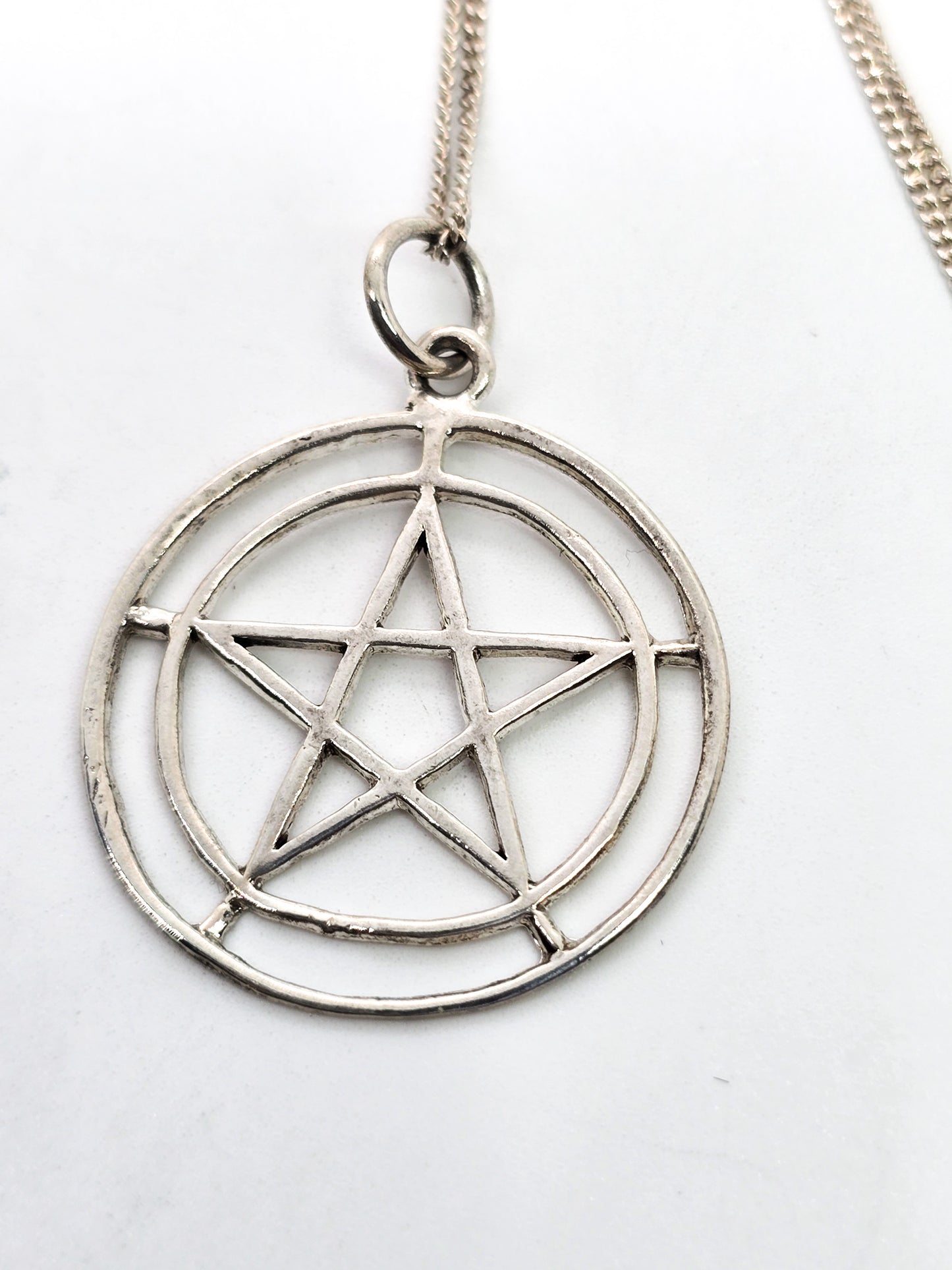 Pentacle star large double circle sterling silver vintage pendant necklace