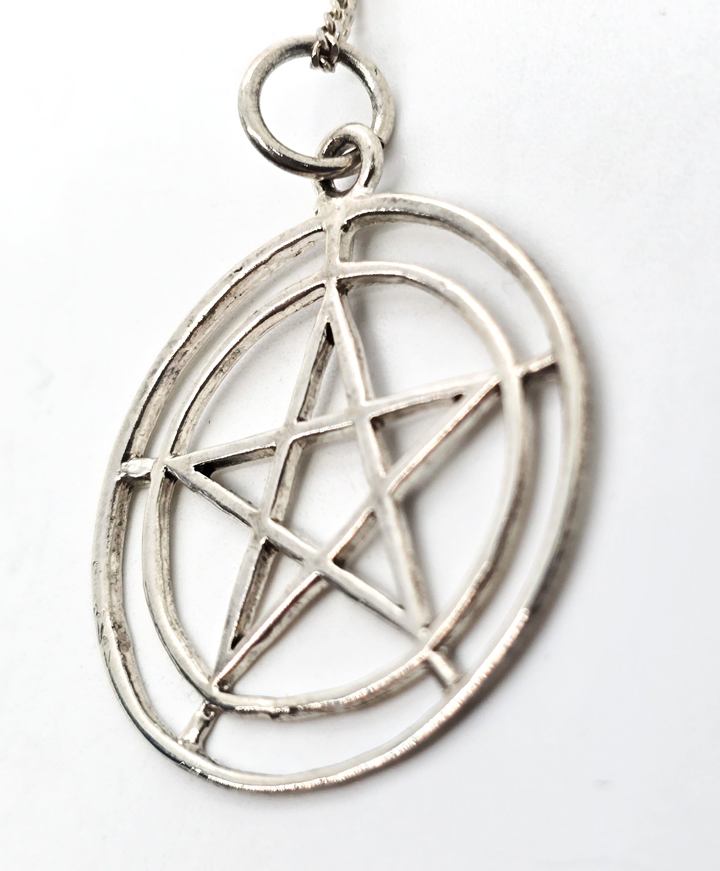 Pentacle star large double circle sterling silver vintage pendant necklace