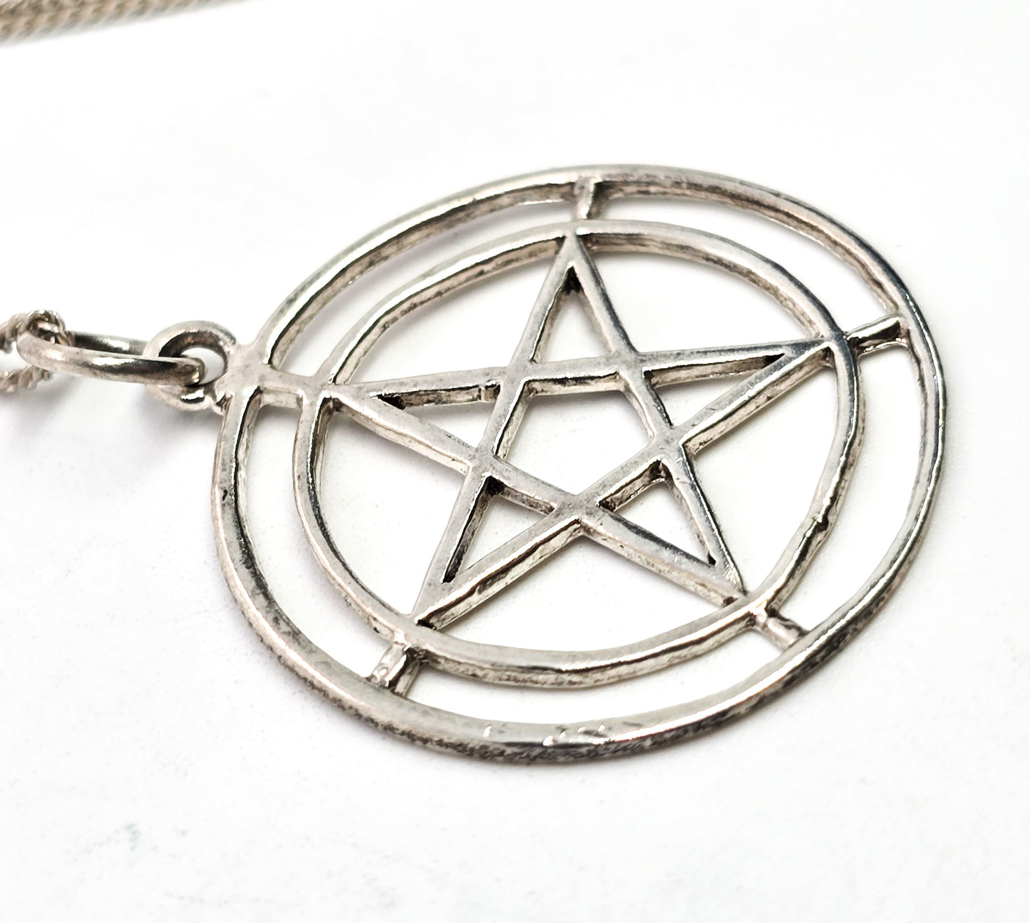 Pentacle star large double circle sterling silver vintage pendant necklace