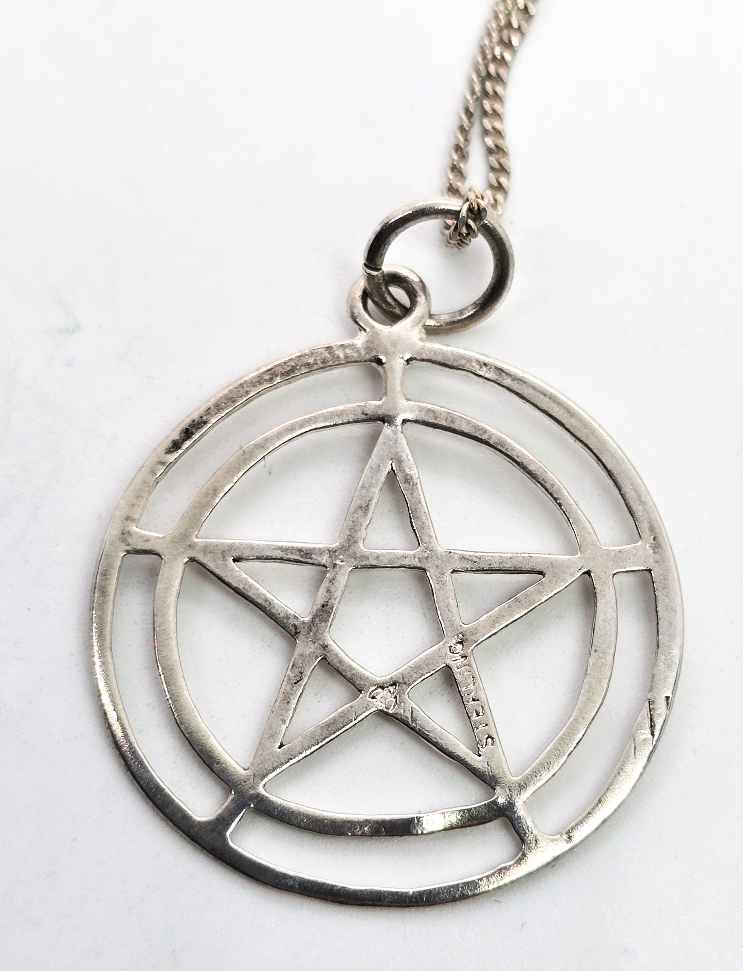 Pentacle star large double circle sterling silver vintage pendant necklace