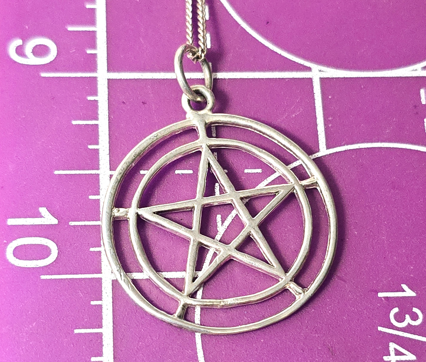 Pentacle star large double circle sterling silver vintage pendant necklace