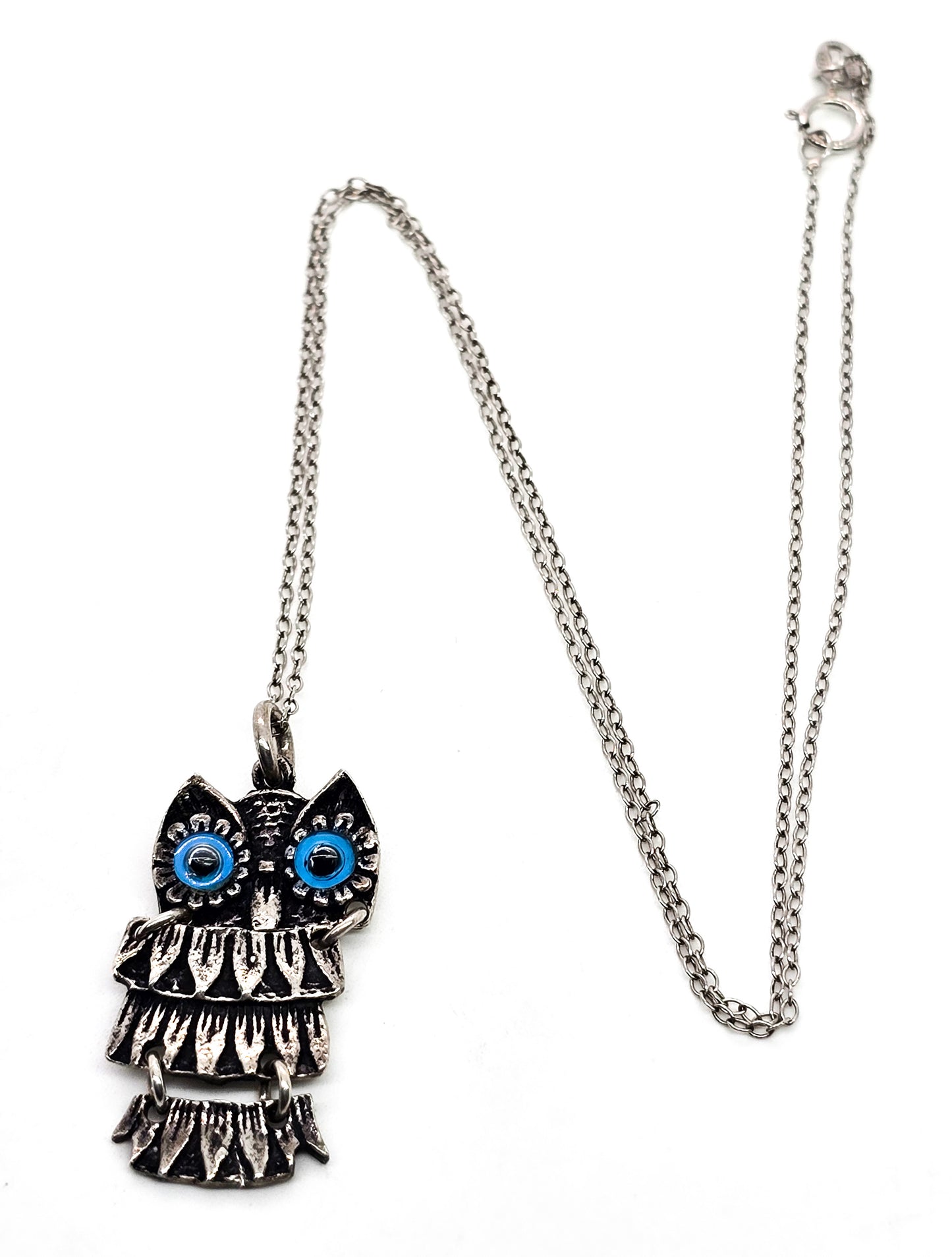 All Seeing Owl Evil Eye Wise Owl articulated sterling silver pendant necklace