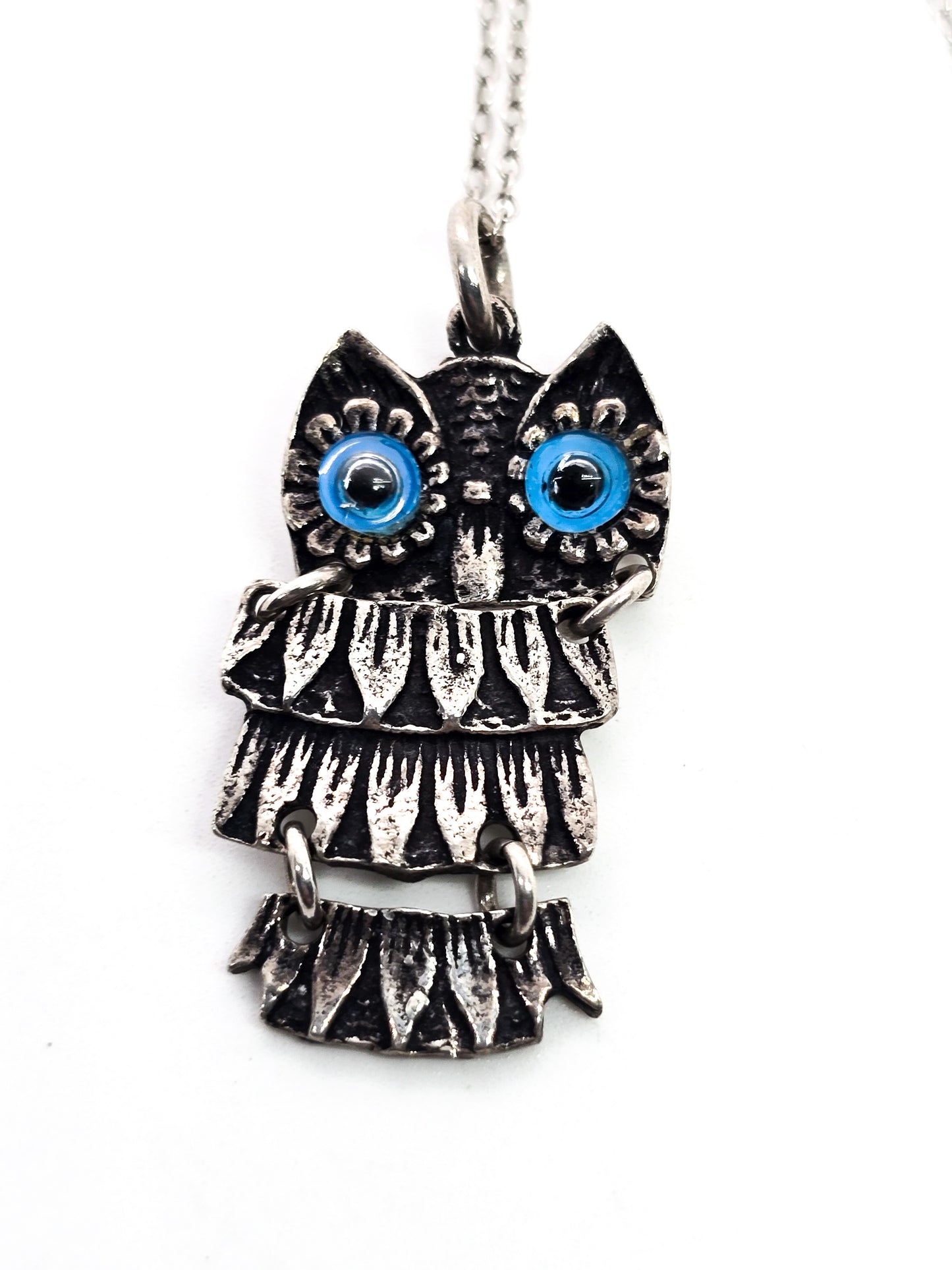 All Seeing Owl Evil Eye Wise Owl articulated sterling silver pendant necklace