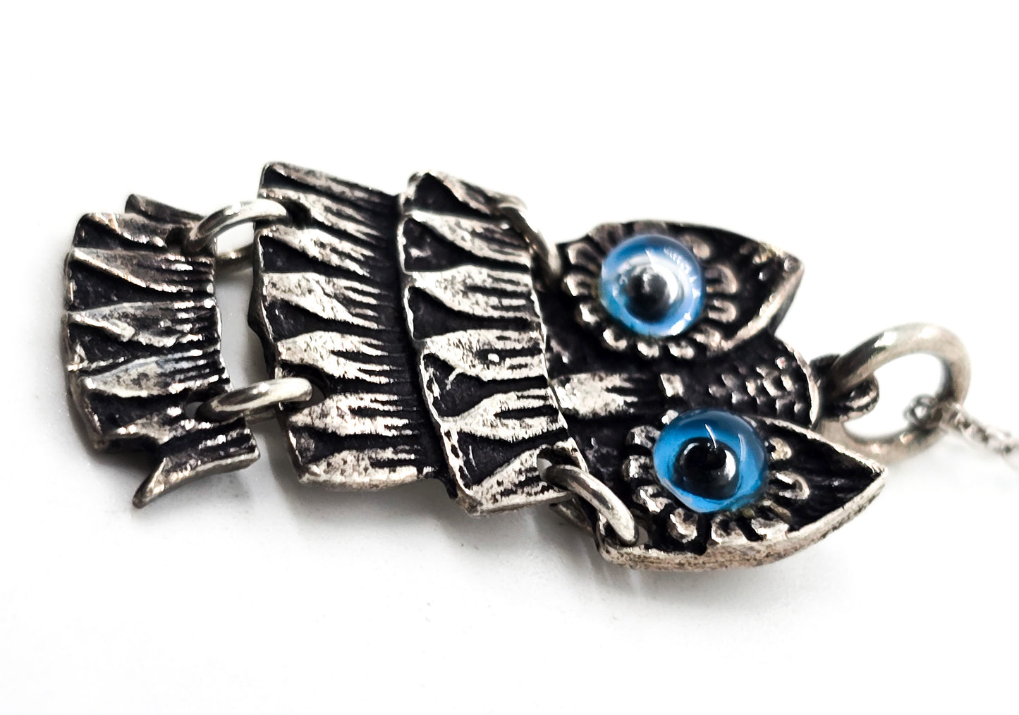 All Seeing Owl Evil Eye Wise Owl articulated sterling silver pendant necklace