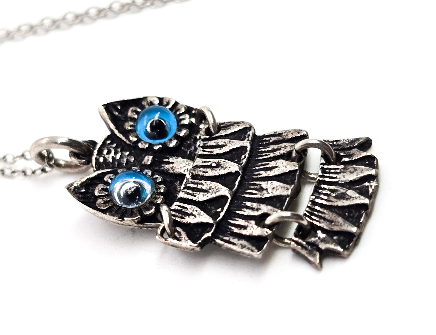 All Seeing Owl Evil Eye Wise Owl articulated sterling silver pendant necklace