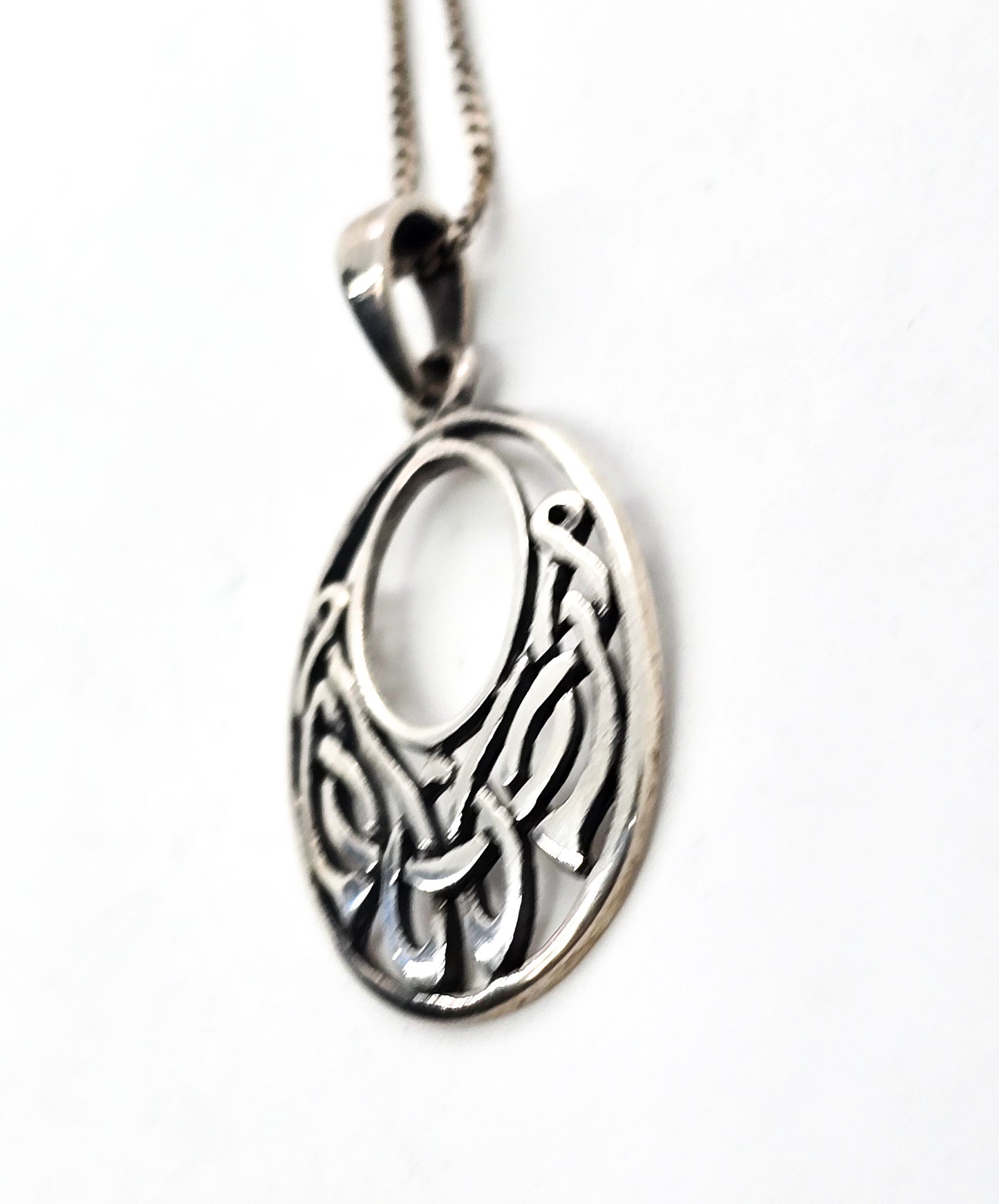 Celtic knot open work drop sterling silver decorated pendant necklace