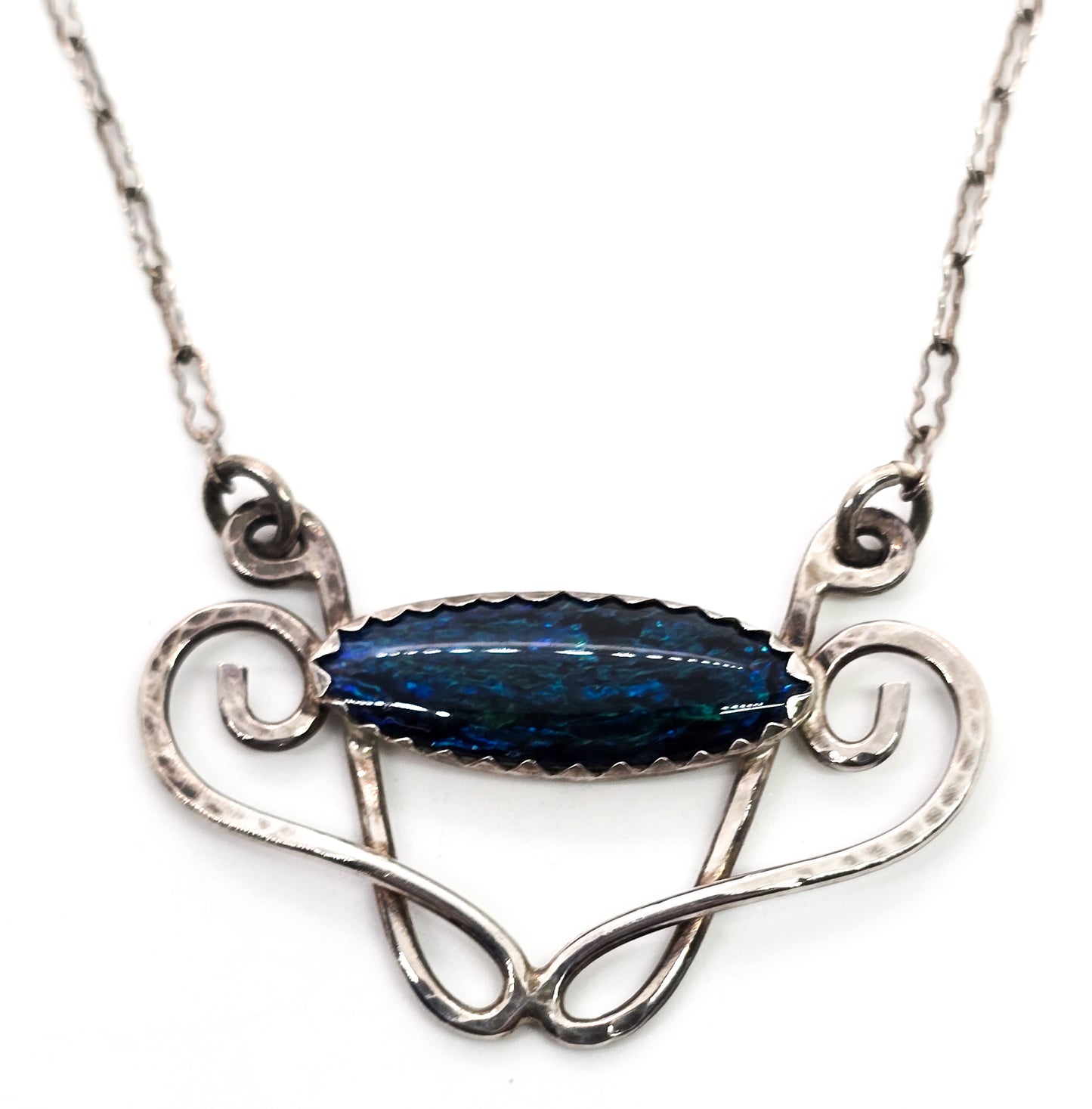 Art Nouveau hammered artisan cartouche sparkling blue sterling silver necklace