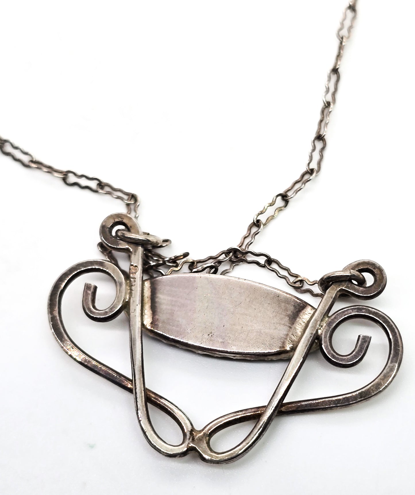 Art Nouveau hammered artisan cartouche sparkling blue sterling silver necklace