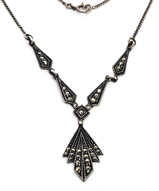 Judith Jack Art Deco style vintage marcasite vintage sterling silver lavalier necklace