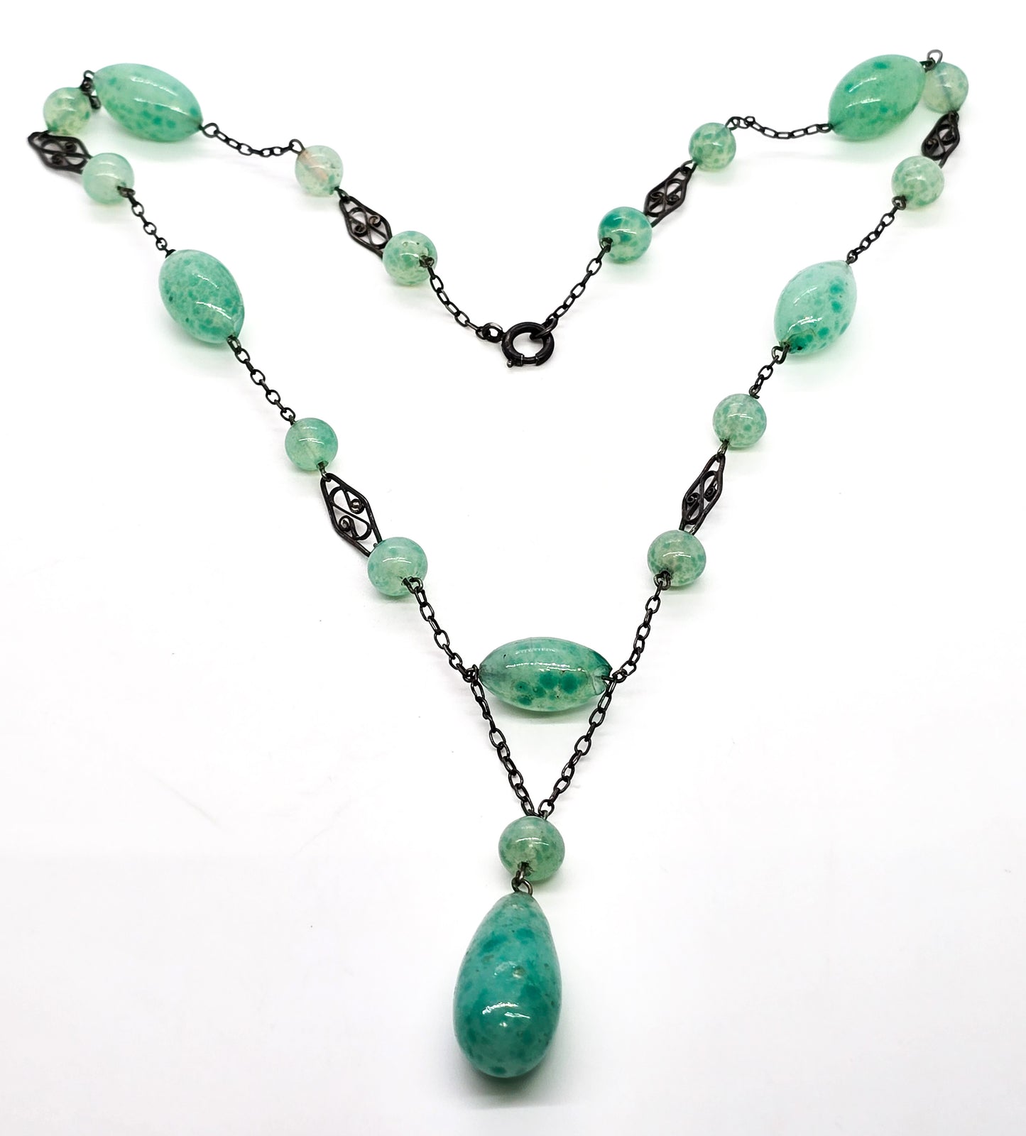 Art Deco green Czech glass beaded lavalier sterling silver antique stationary necklace