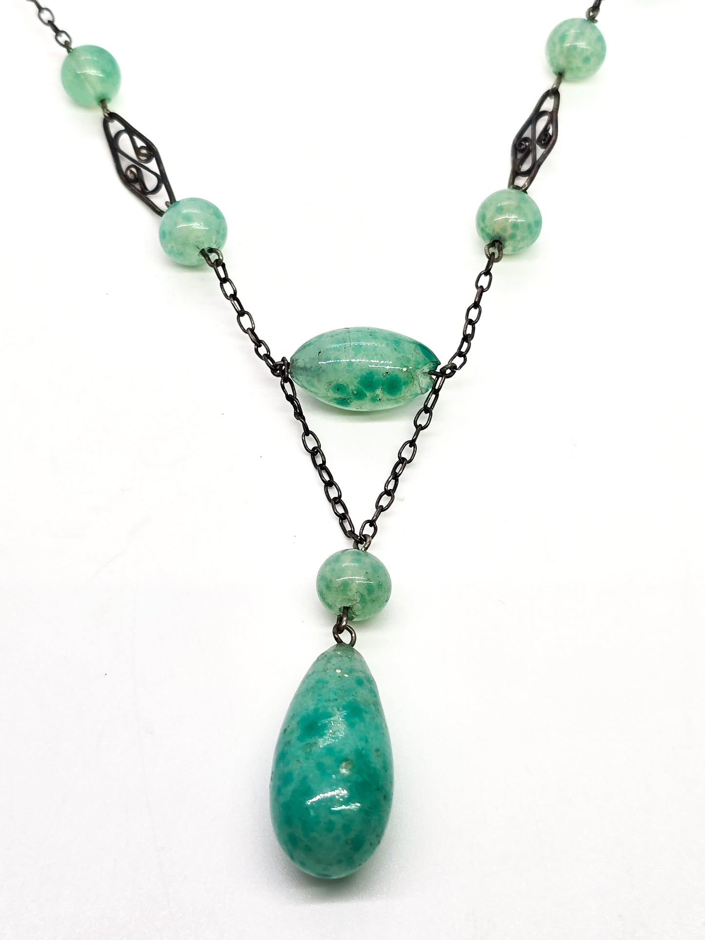 Art Deco green Czech glass beaded lavalier sterling silver antique stationary necklace