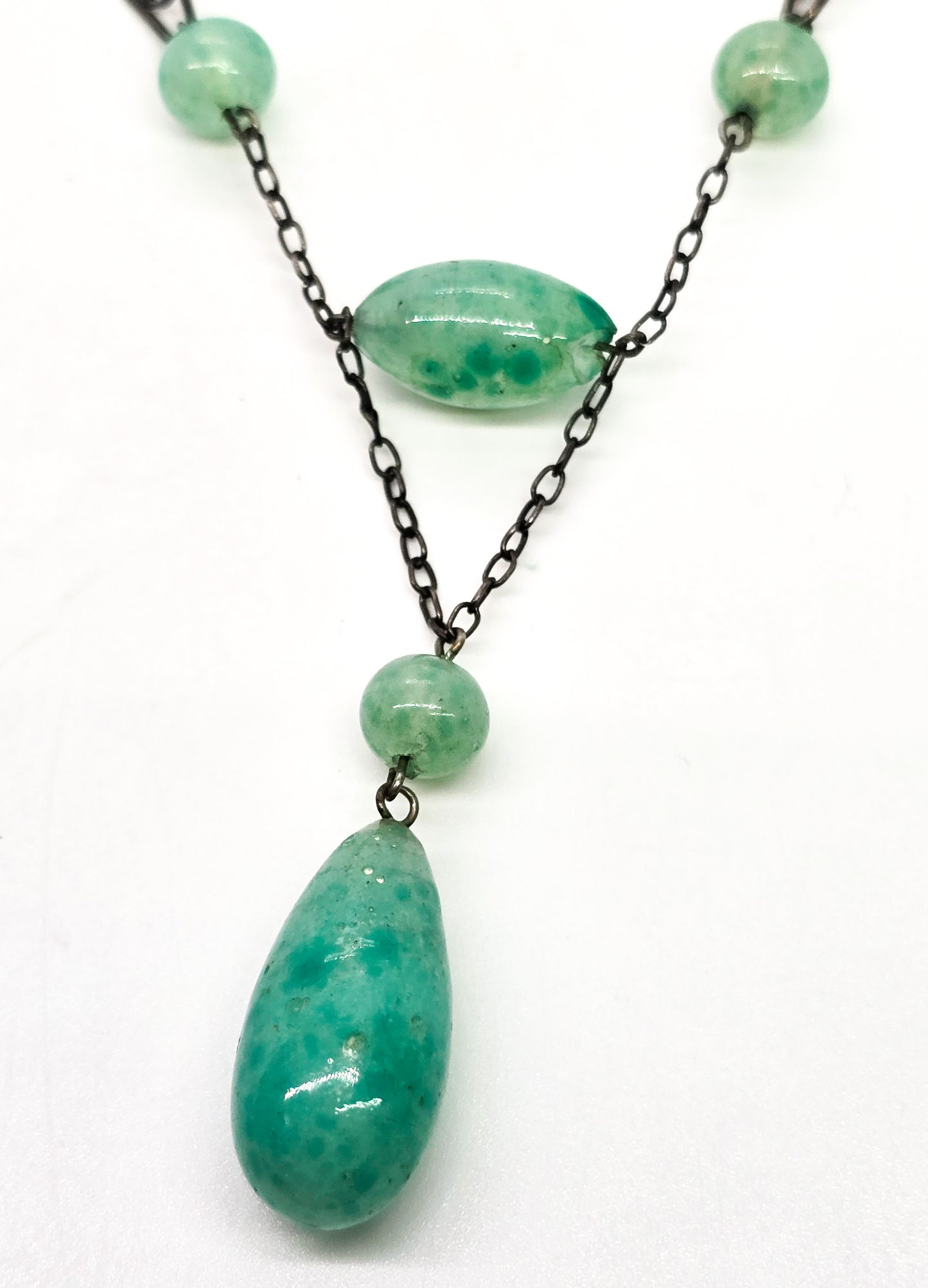 Art Deco green Czech glass beaded lavalier sterling silver antique stationary necklace