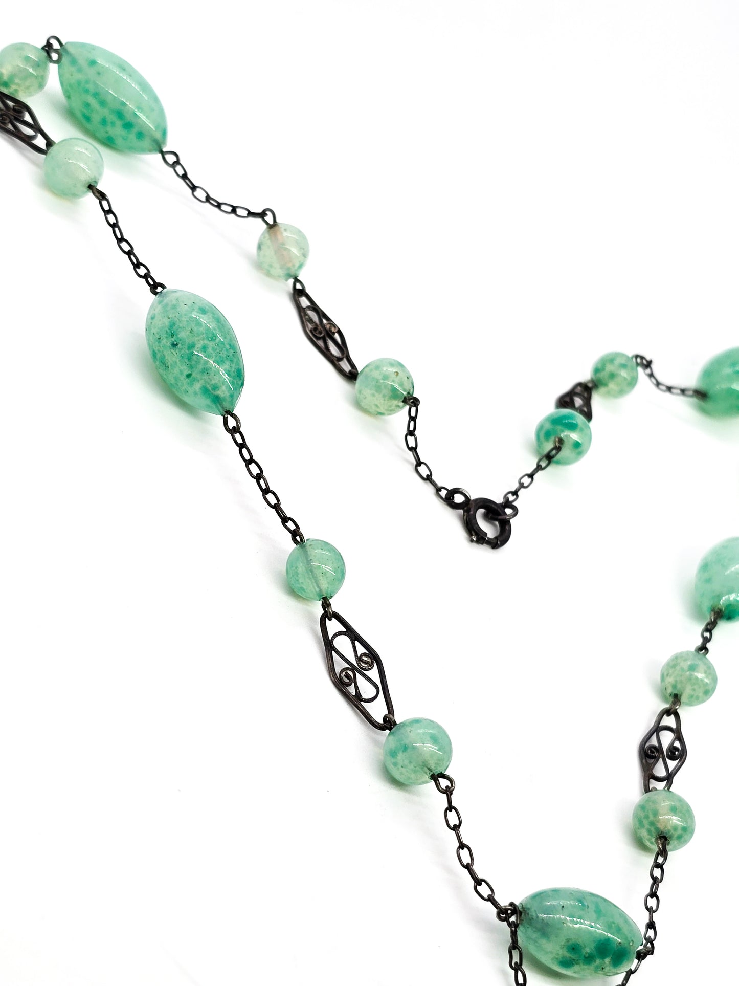 Art Deco green Czech glass beaded lavalier sterling silver antique stationary necklace