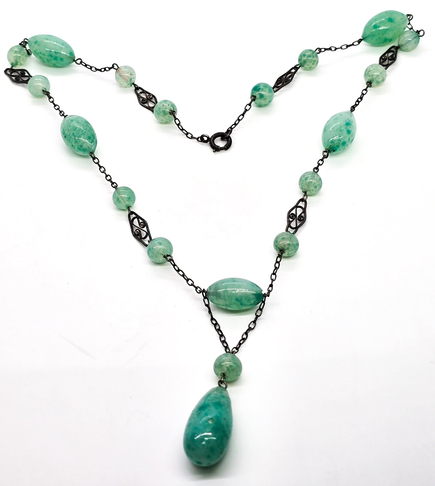 Art Deco green Czech glass beaded lavalier sterling silver antique stationary necklace