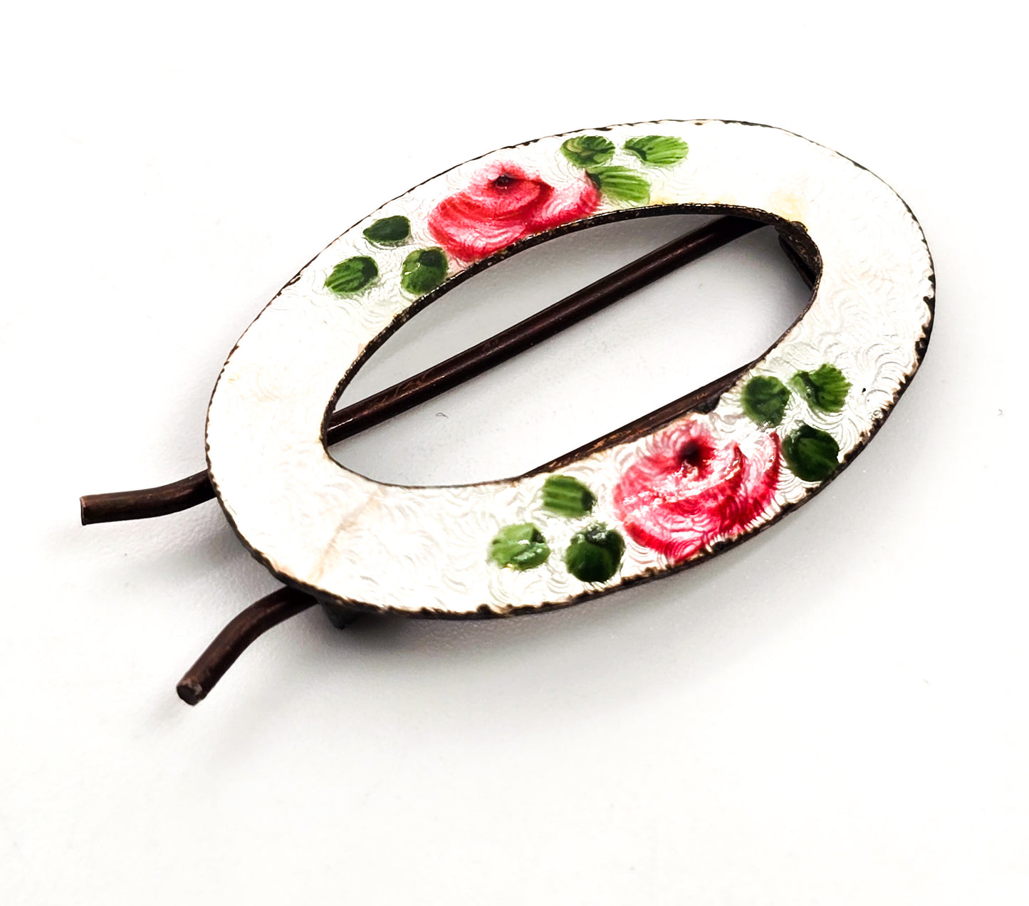 White Guilloche pink rose vintage mid century sterling silver hair Barrett