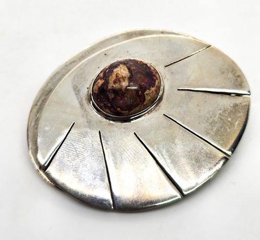 Mexican Fire Opal Modernist crafted sterling silver heavy pendant brooch