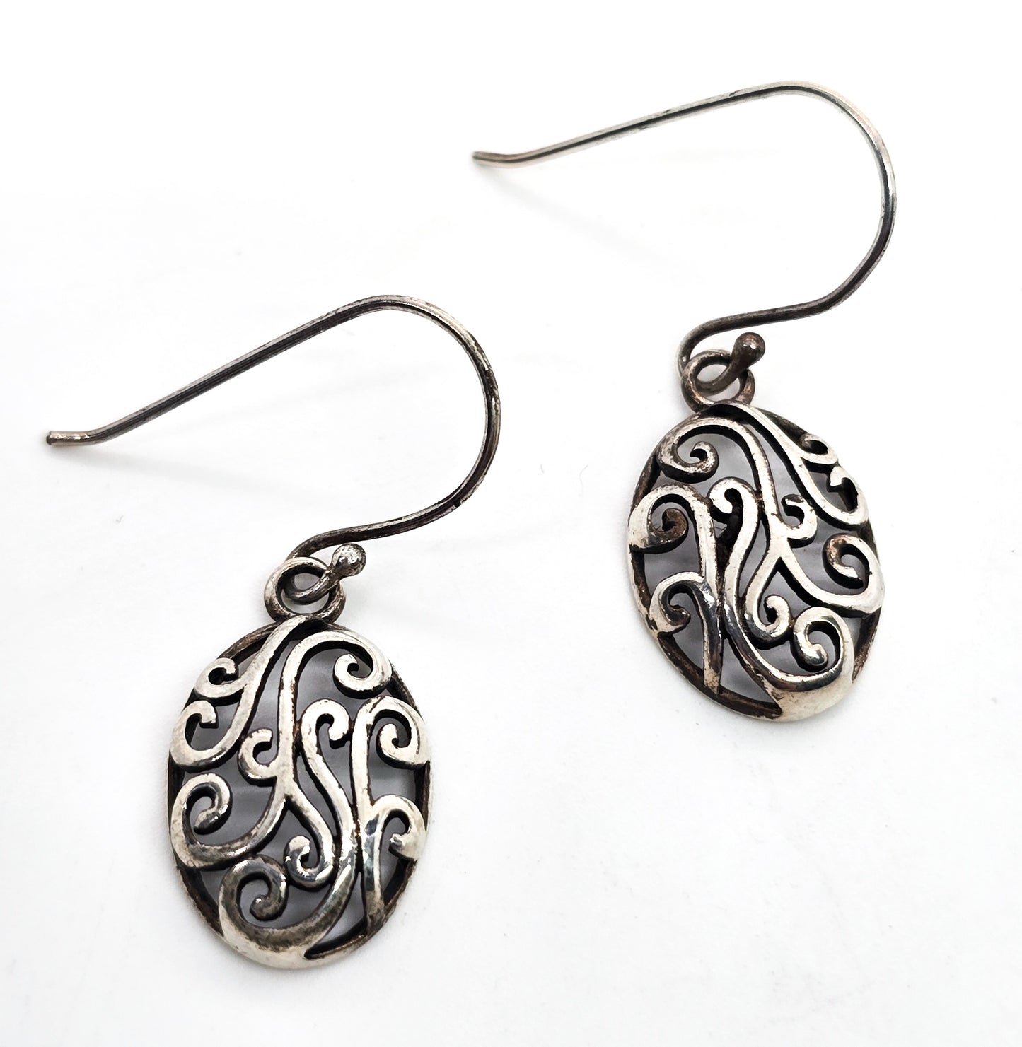 Retro open work filigree swirl vintage drop sterling silver earrings