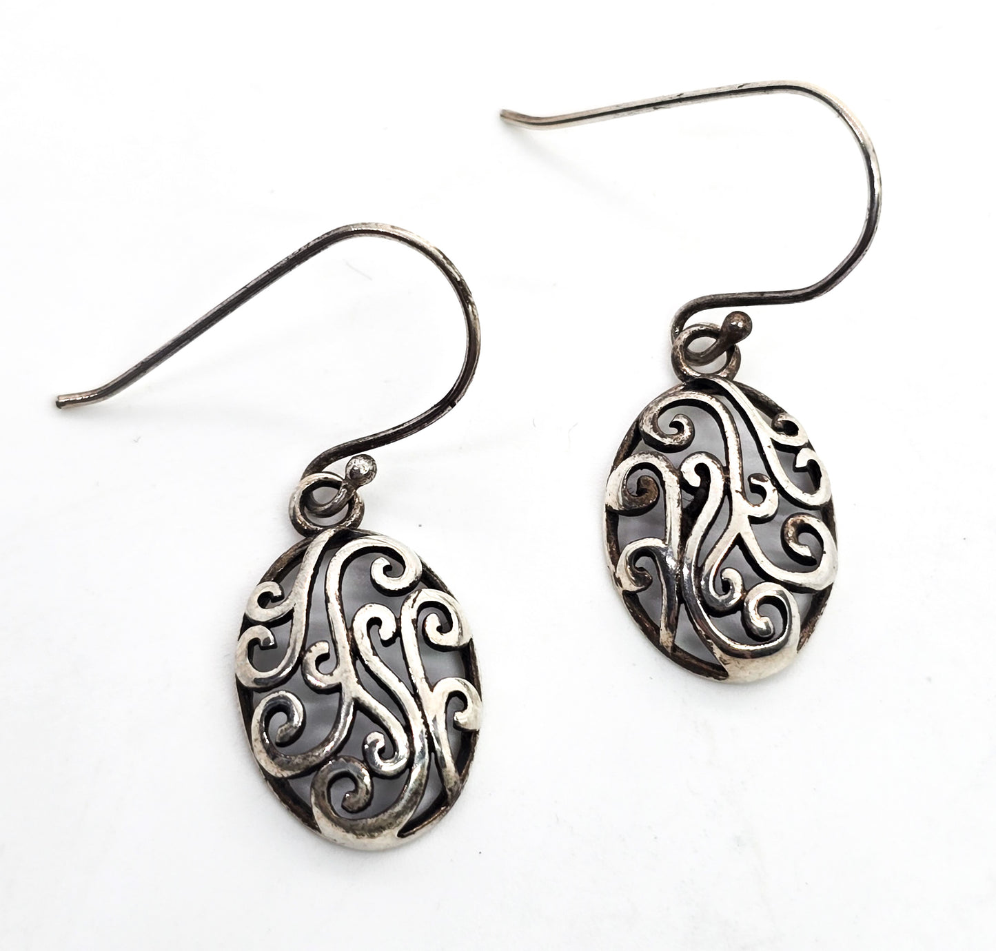 Retro open work filigree swirl vintage drop sterling silver earrings