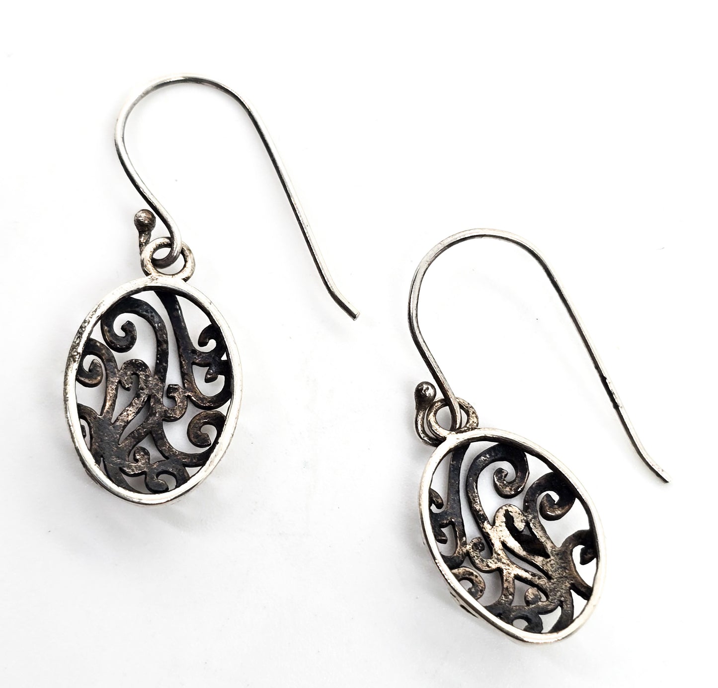 Retro open work filigree swirl vintage drop sterling silver earrings