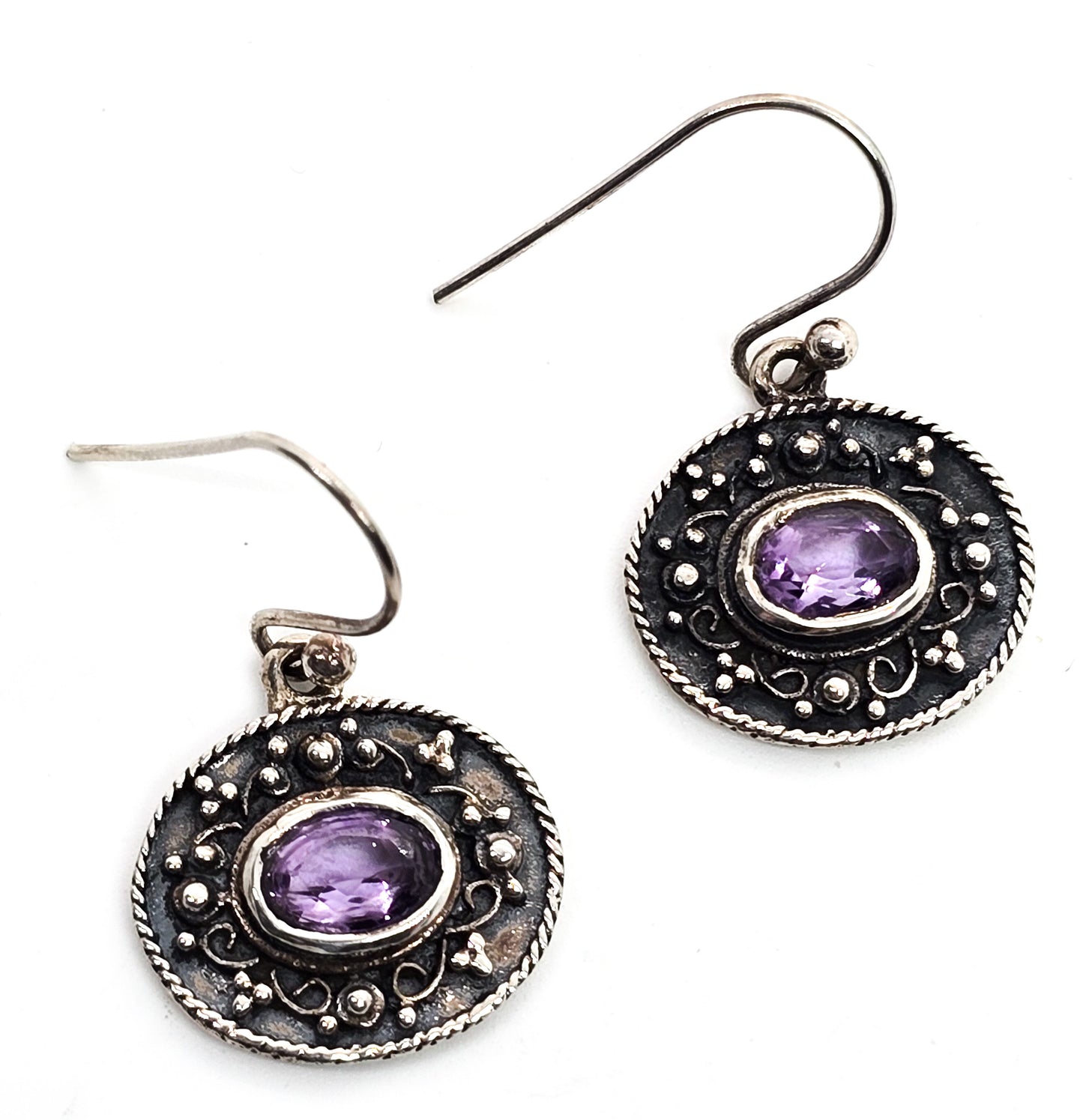 Amethyst faceted purple gemstone Balinese Bali sterling silver tribal drop earrings