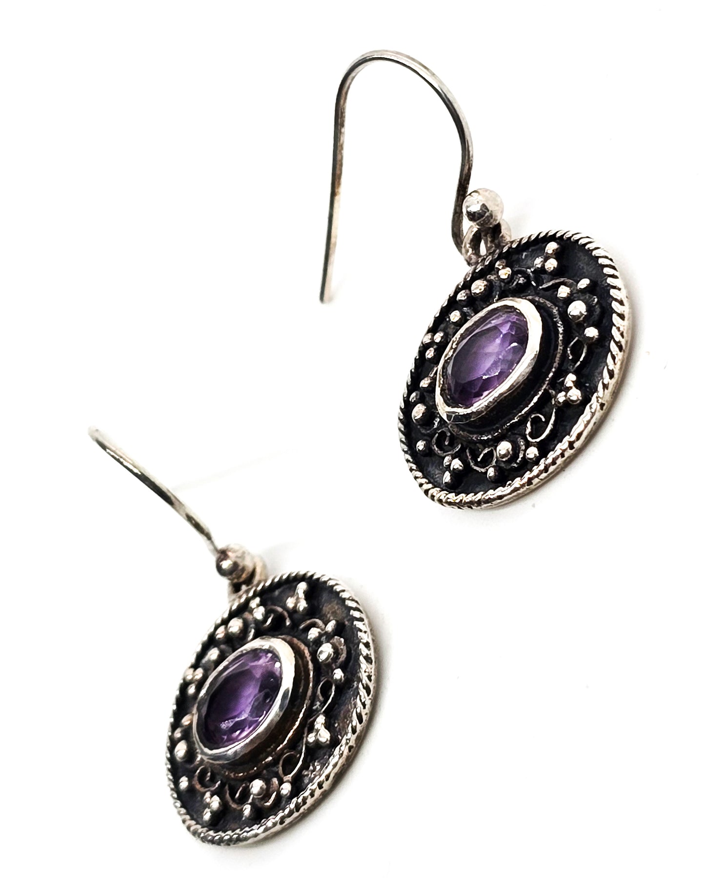 Amethyst faceted purple gemstone Balinese Bali sterling silver tribal drop earrings