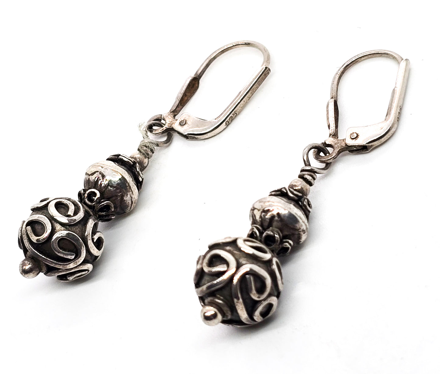 Balinese Bali tribal vintage beaded sterling silver lever back drop earrings