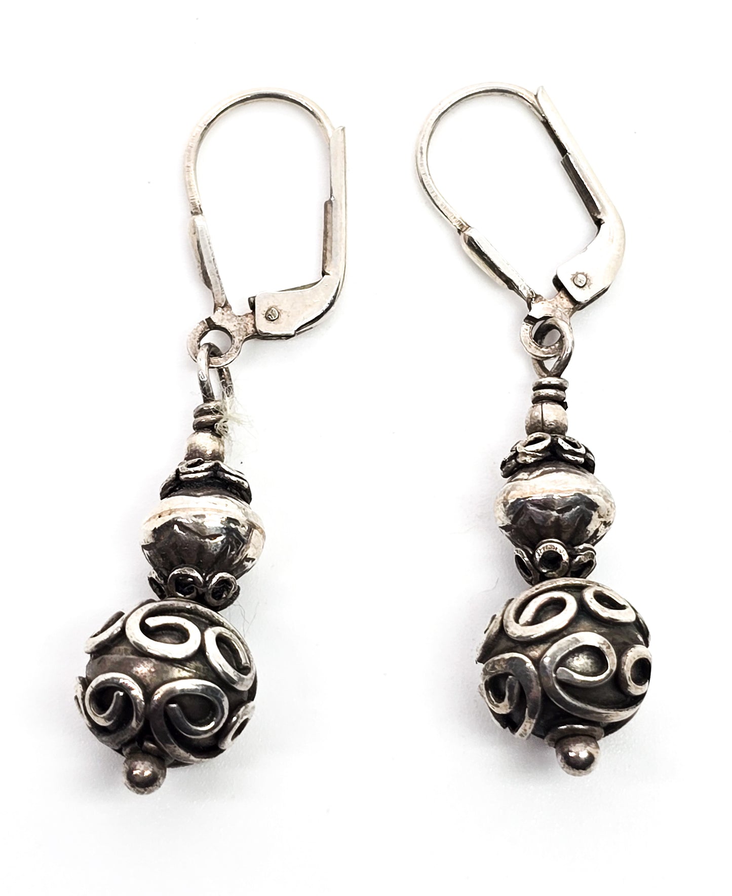 Balinese Bali tribal vintage beaded sterling silver lever back drop earrings